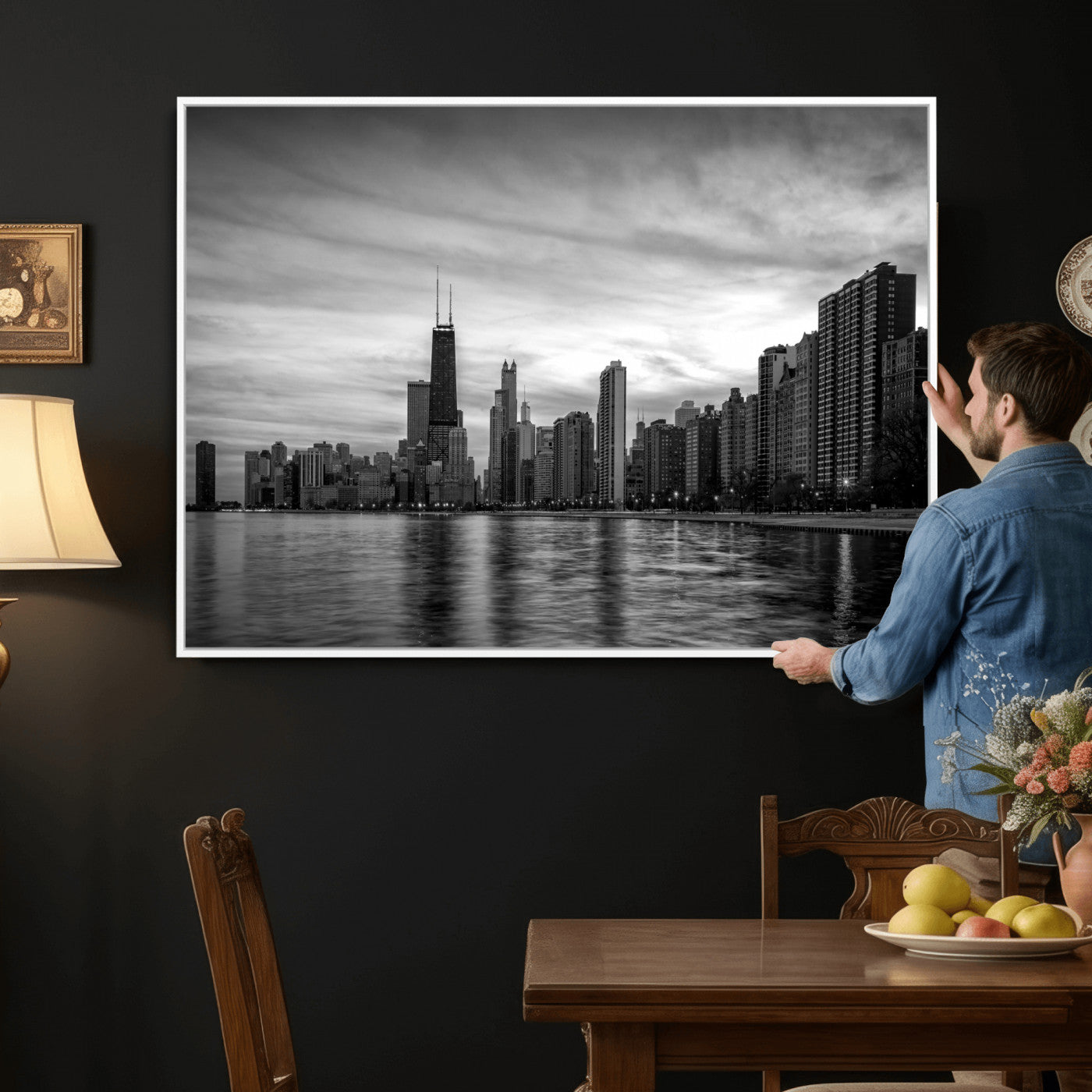74552581-MGV-CV-36X24 - Chicago Wall Art Canvas Print, Chicago City Downtown Night Cityscape Print for Modern Urban Wall Decor