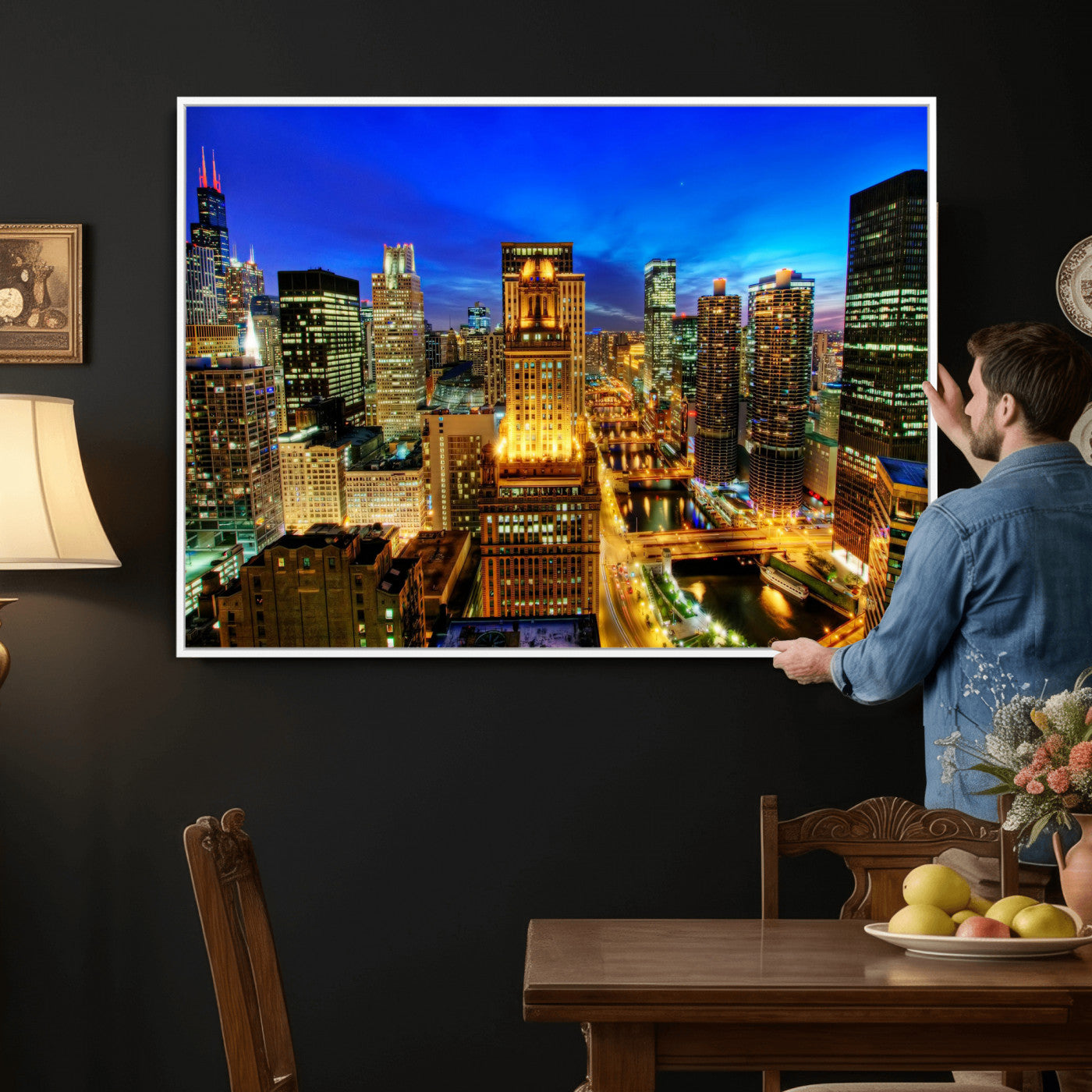 46298885-MGV-CV-36X24 - Chicago Wall Art Canvas Print, Chicago City Downtown Night Cityscape Print for Modern Urban Wall Decor