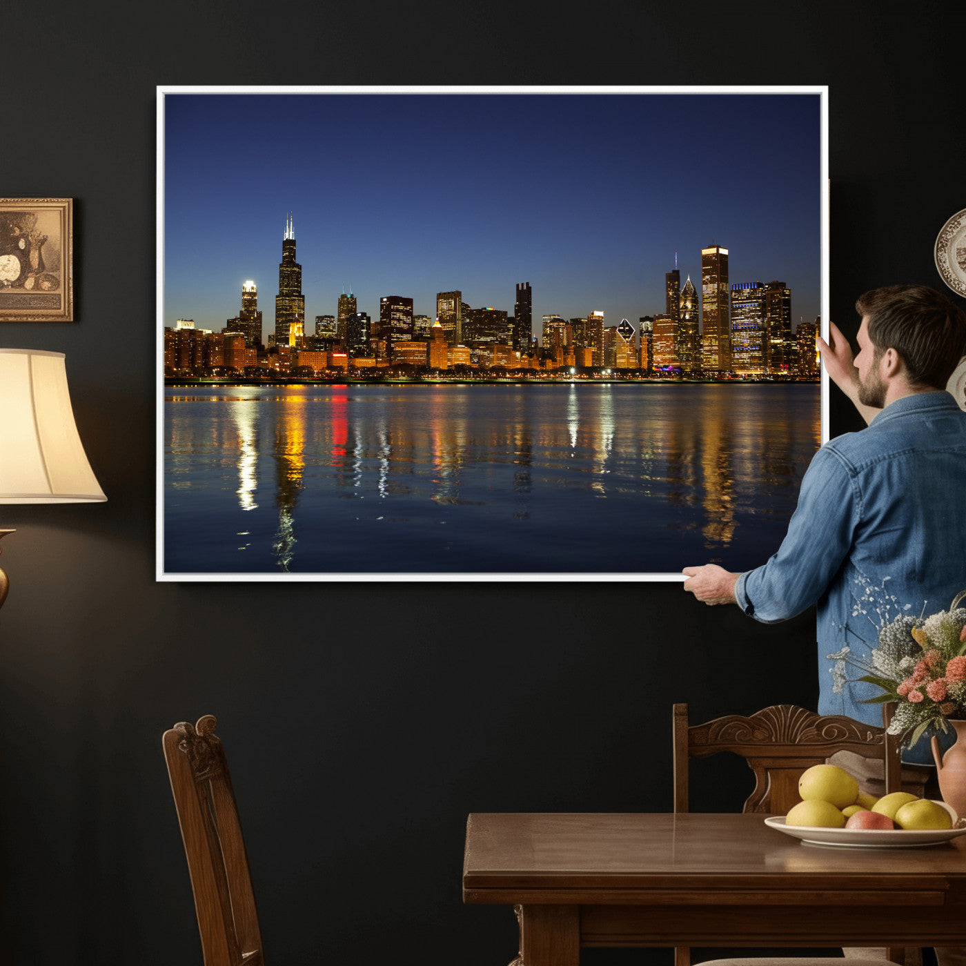 67308035-MGV-CV-36X24 - Chicago Wall Art Canvas Print, Chicago City Downtown Night Cityscape Print for Modern Urban Wall Decor