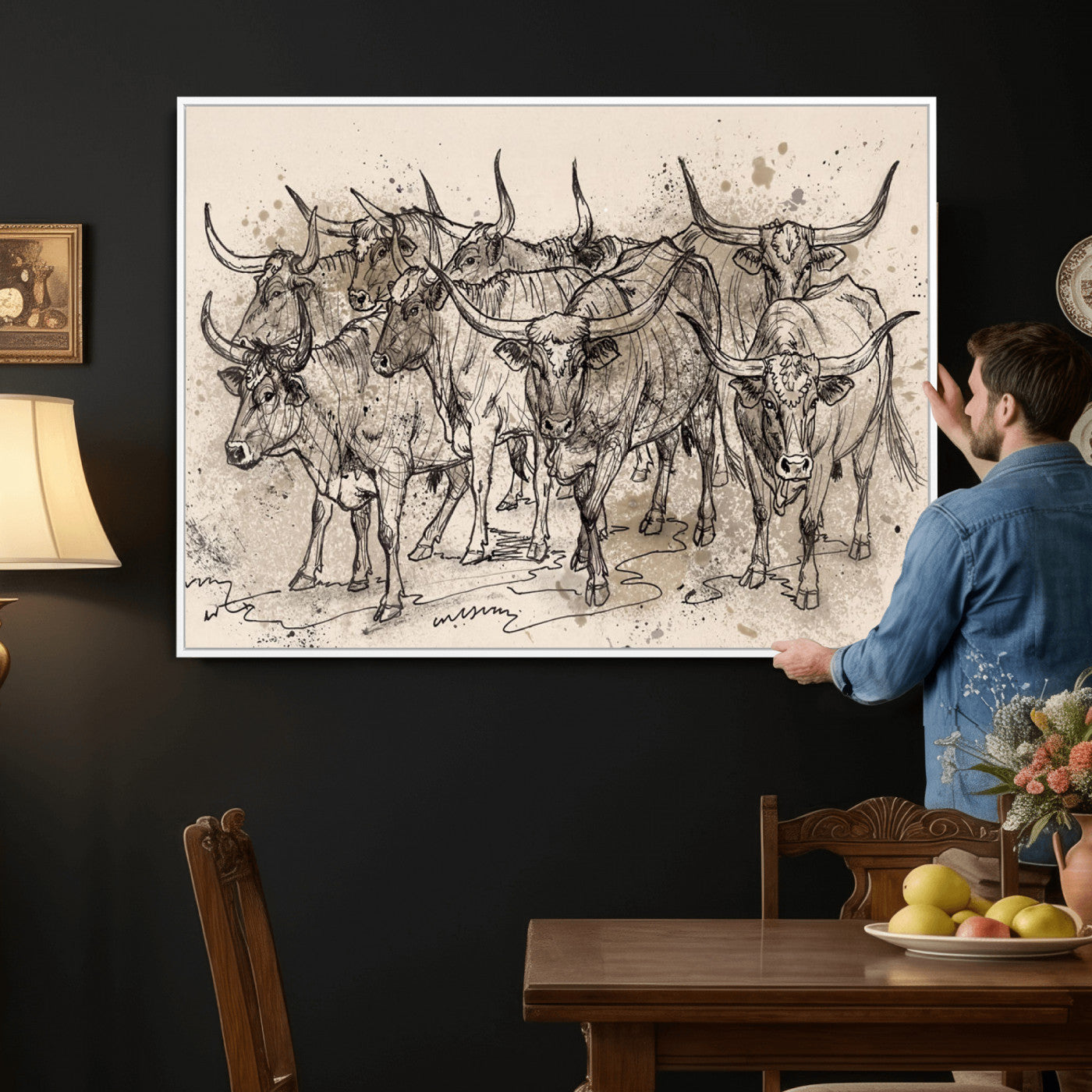 74232558-MGV-CV-36X24 - Farmhouse Animals Wall Art Canvas Print - Abstract Farm Animal Drawing Mid-Century Wall Art for Cabin Decor