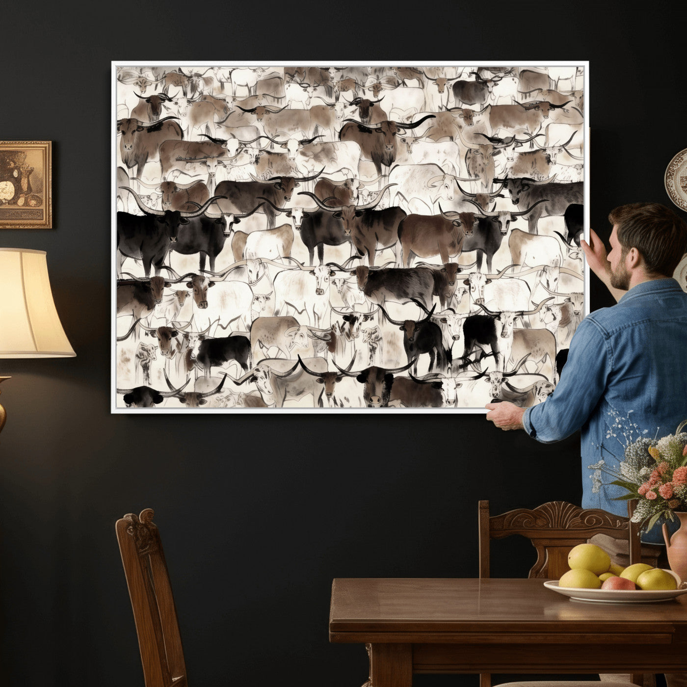 46084312-MGV-CV-36X24 - Farmhouse Animals Wall Art Canvas Print - Abstract Farm Animal Drawing Mid-Century Wall Art for Cabin Decor
