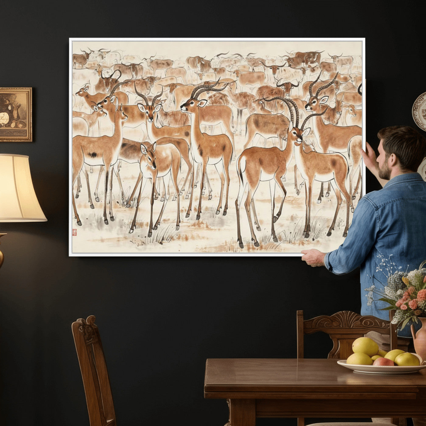 67375088-MGV-CV-36X24 - Farmhouse Animals Wall Art Canvas Print - Abstract Farm Animal Drawing Mid-Century Wall Art for Cabin Decor