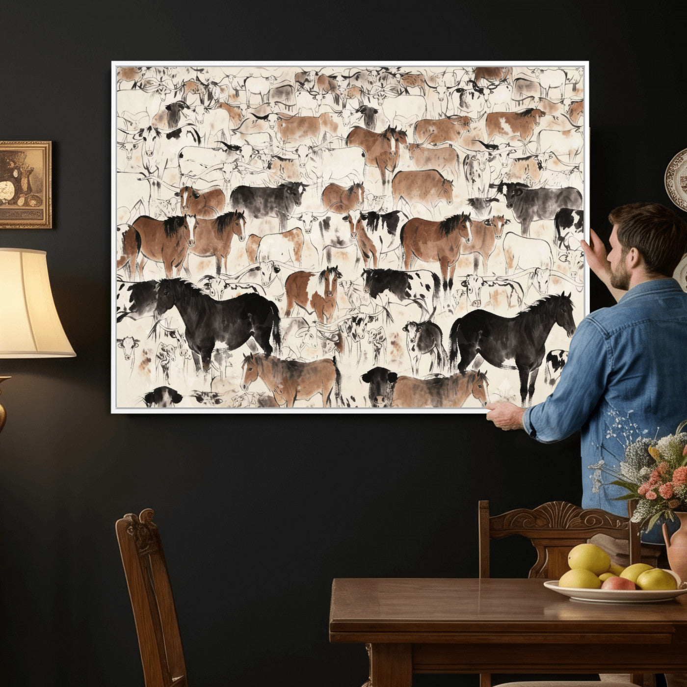74171578-MGV-CV-36X24 - Farmhouse Animals Wall Art Canvas Print - Abstract Farm Animal Drawing Mid-Century Wall Art for Cabin Decor