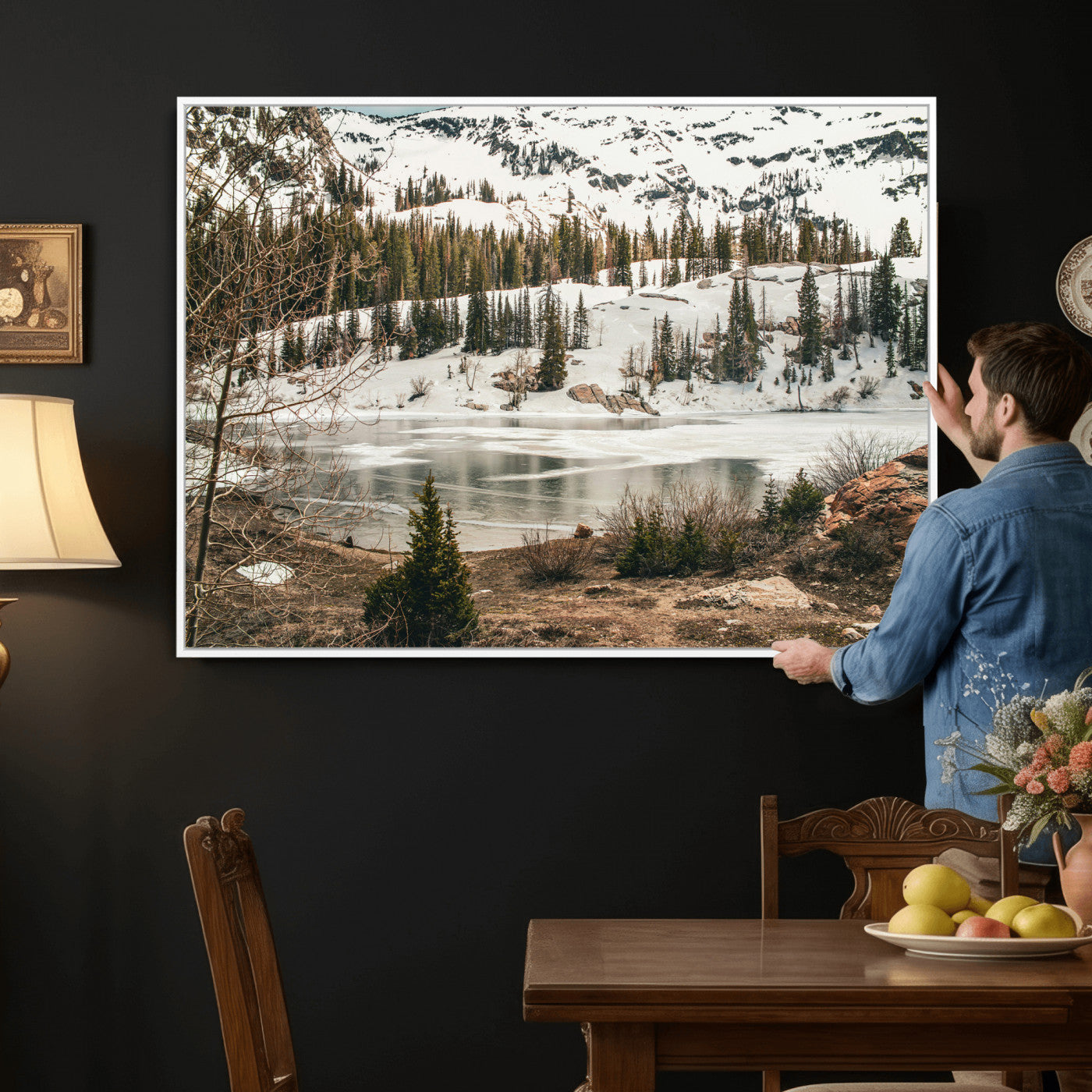 10336249-MGV-CV-36X24 - Snowy Mountain Landscape Wall Art Canvas Print, Alpine Pine Forest Winter Nature Wall Decor for Living Room and Office