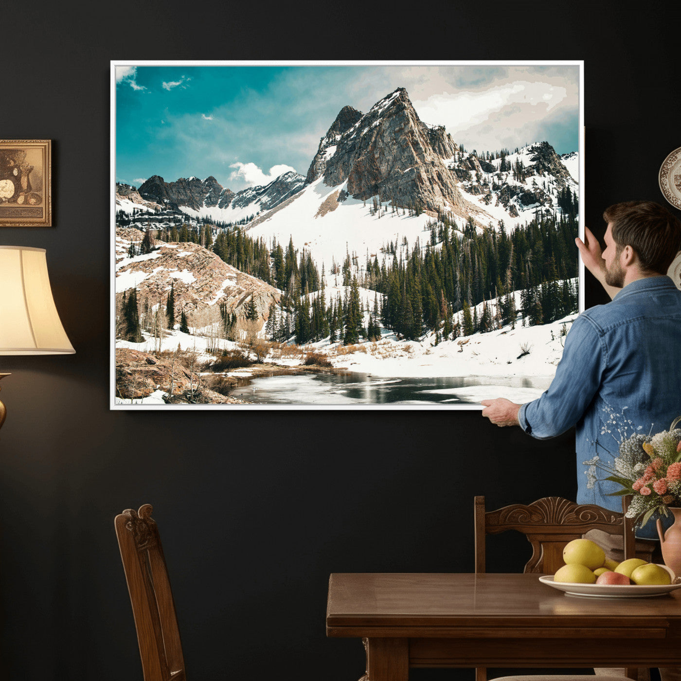 56837070-MGV-CV-36X24 - Snowy Mountain Landscape Wall Art Canvas Print, Alpine Pine Forest Winter Nature Wall Decor for Living Room and Office