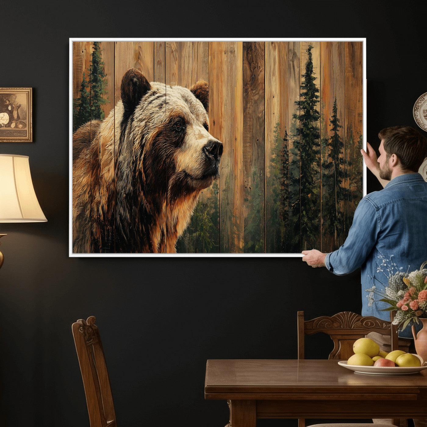 75645180-MGV-CV-36X24 - Grizzly Bear Wall Art Canvas Print, Rustic Wildlife Bear Artwork, Forest Animal Painting, Cabin Lodge Nature Wall Decor