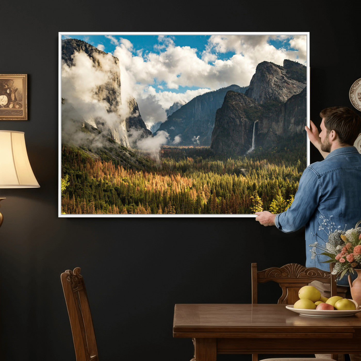 18271001-MGV-CV-36X24 - Yosemite Valley River Landscape Wall Art Canvas Print, Granite Cliffs Forest River Canvas Print, California National Park Moody Scenic Art Printi
