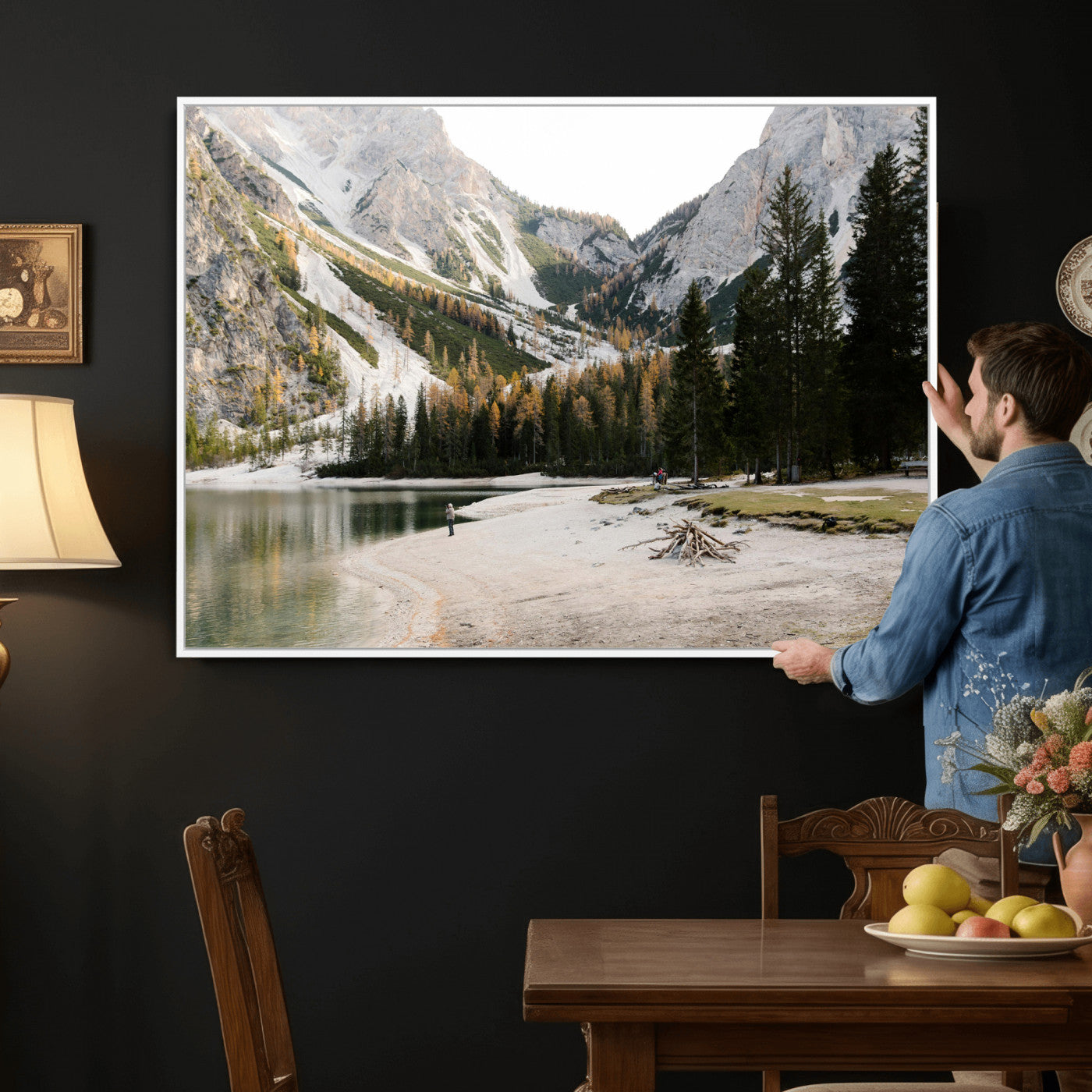 89246758-MGV-CV-36X24 - Lake Braies Alpine Landscape Wall Art Canvas Print, Dolomites Mountain Lake Forest Canvas Print, Italian Alps Scenic Nature Art Printing