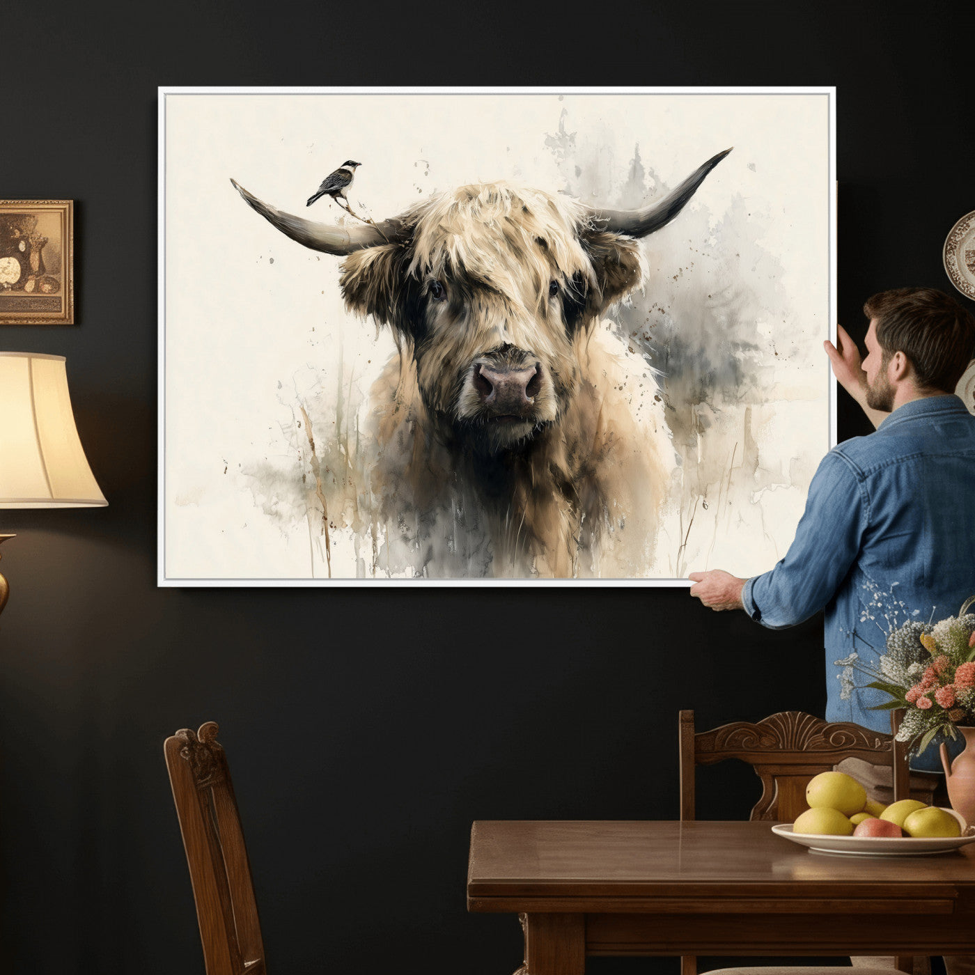 98249290-MGV-CV-36X24 - Abstract Highland Cow Watercolor Animal Wall Art Canvas Print, Rustic Farm Cattle Portrait Canvas Print, Neutral Wildlife Farmhouse Art Printing