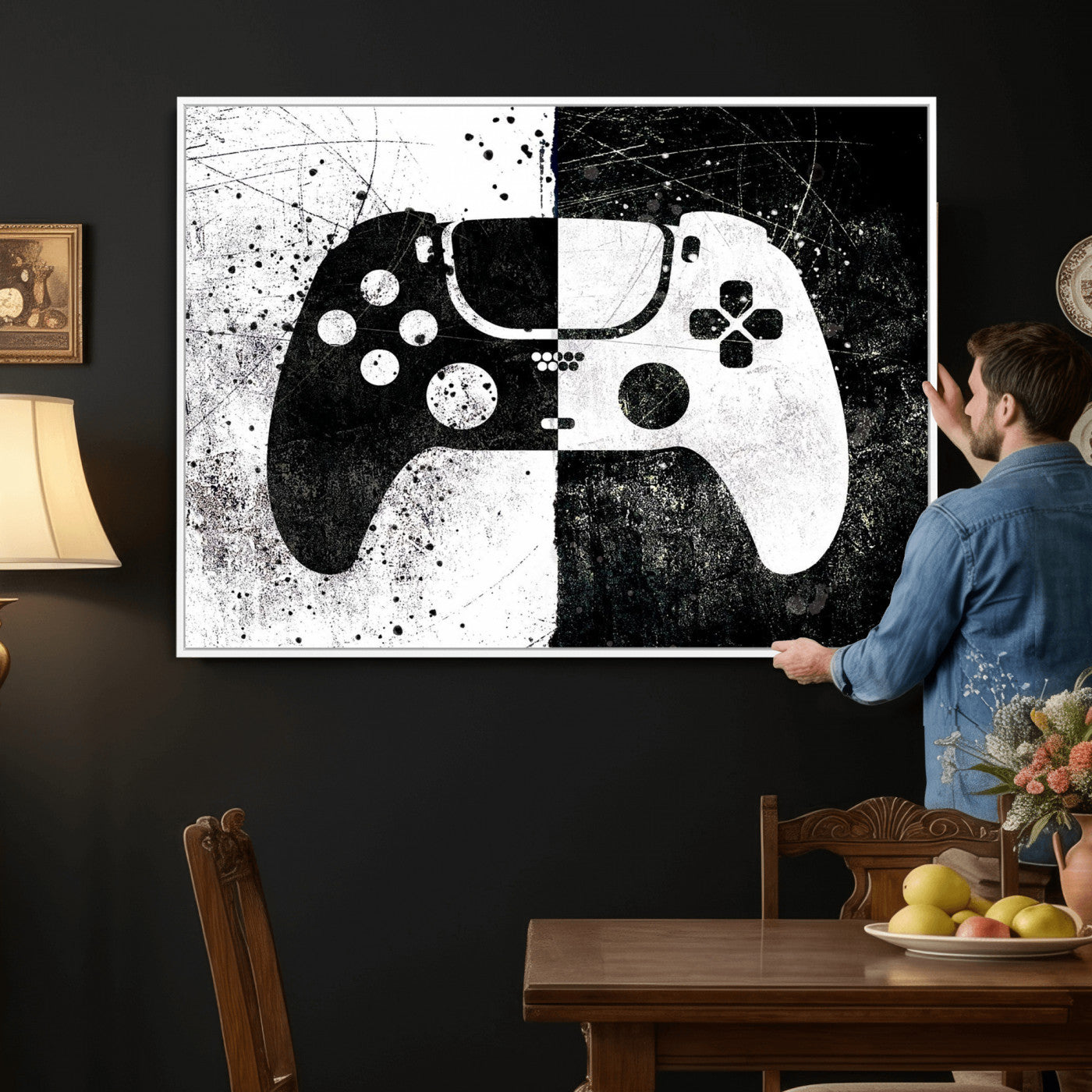 17525128-MGV-CV-36X24 - Abstract Gaming Controller Wall Art Canvas Print, Black White Video Game Controller Modern Canvas Print, Minimal Gamer Graphic Art Printing