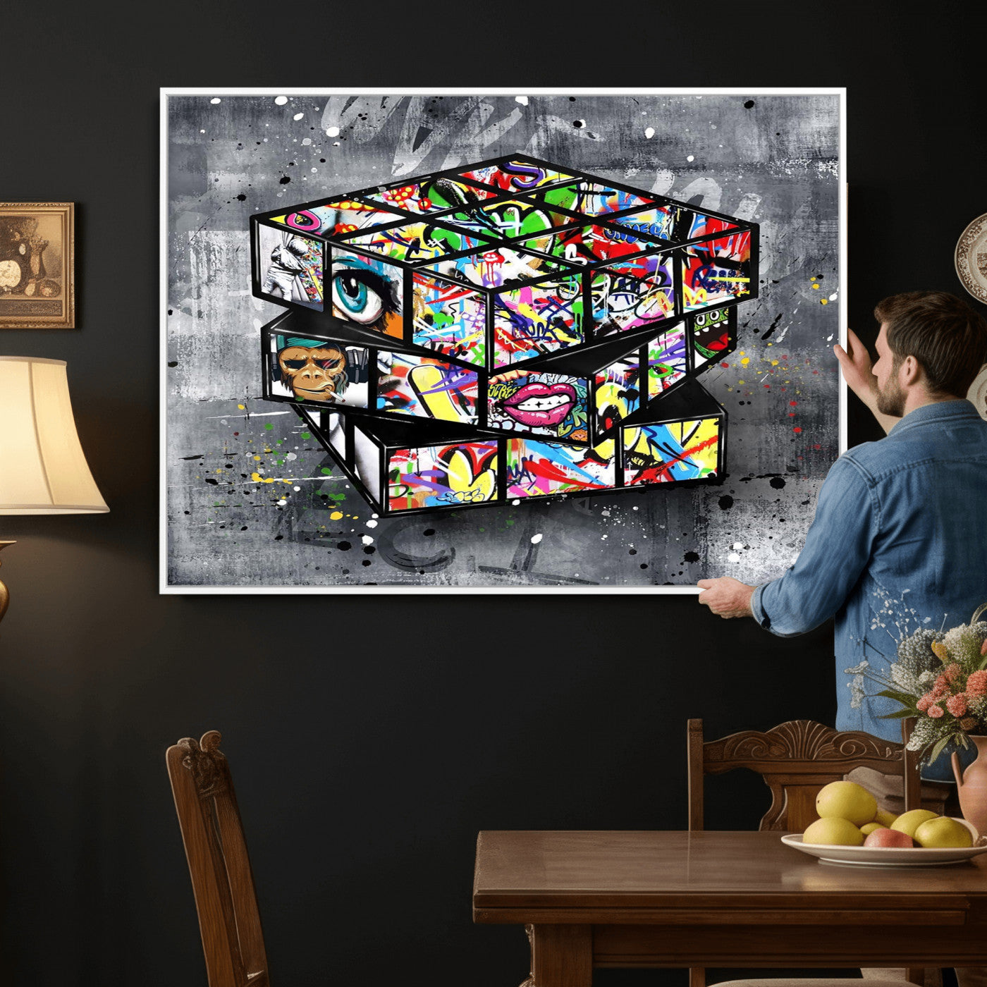 46789556-MGV-CV-36X24 - Graffiti Cube Abstract Street Art Wall Art Canvas Print, Colorful Urban Pop Art Geometric Canvas Print, Modern Street Art Contemporary Art Printing