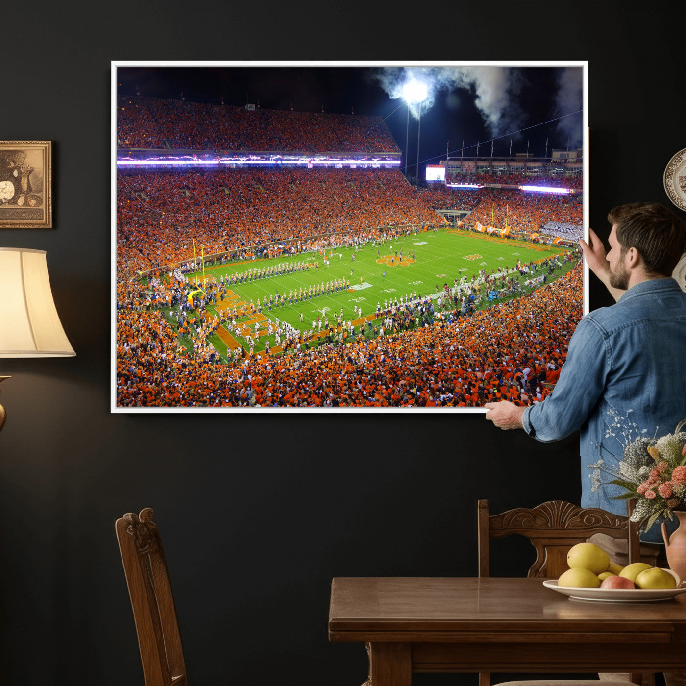 43662631-MGV-CV-36X24 - Clemson Football Stadium Wall Art Canvas Print, College Football Crowd Night Game Scene, Orange Stadium Panorama Wall Decor