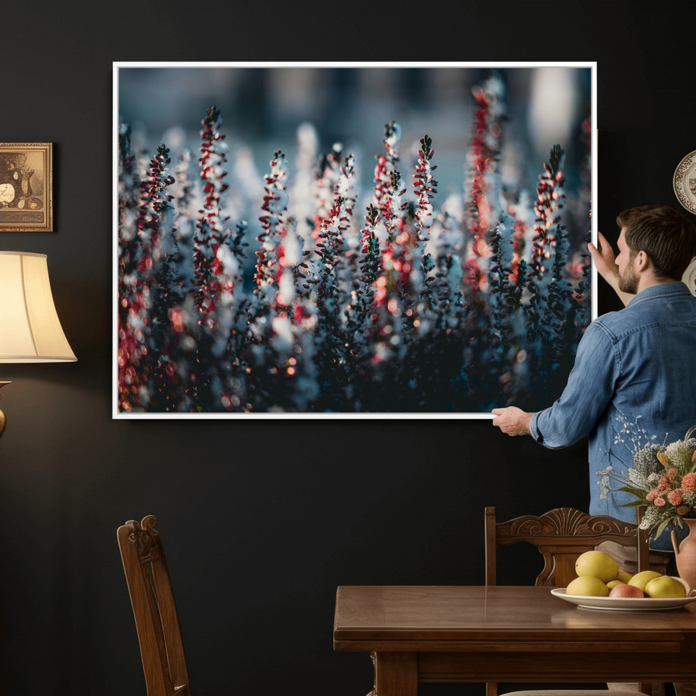82063935-MGV-CV-36X24 - Winter Heather Wall Art Canvas Print, Frosted Floral Nature Art, Moody Botanical Wall Decor