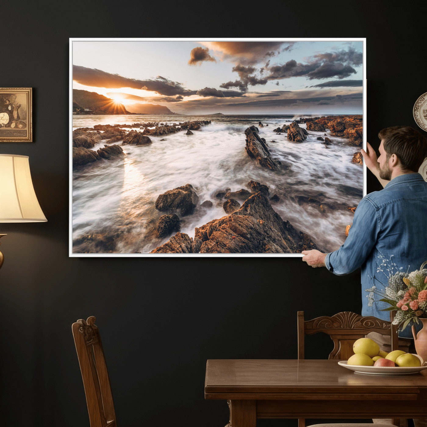 66746024-MGV-CV-36X24 - Rocky Coast Ocean Sunset Wall Art Canvas Print, Dramatic Seascape Nature Wall Decor for Living Room and Office