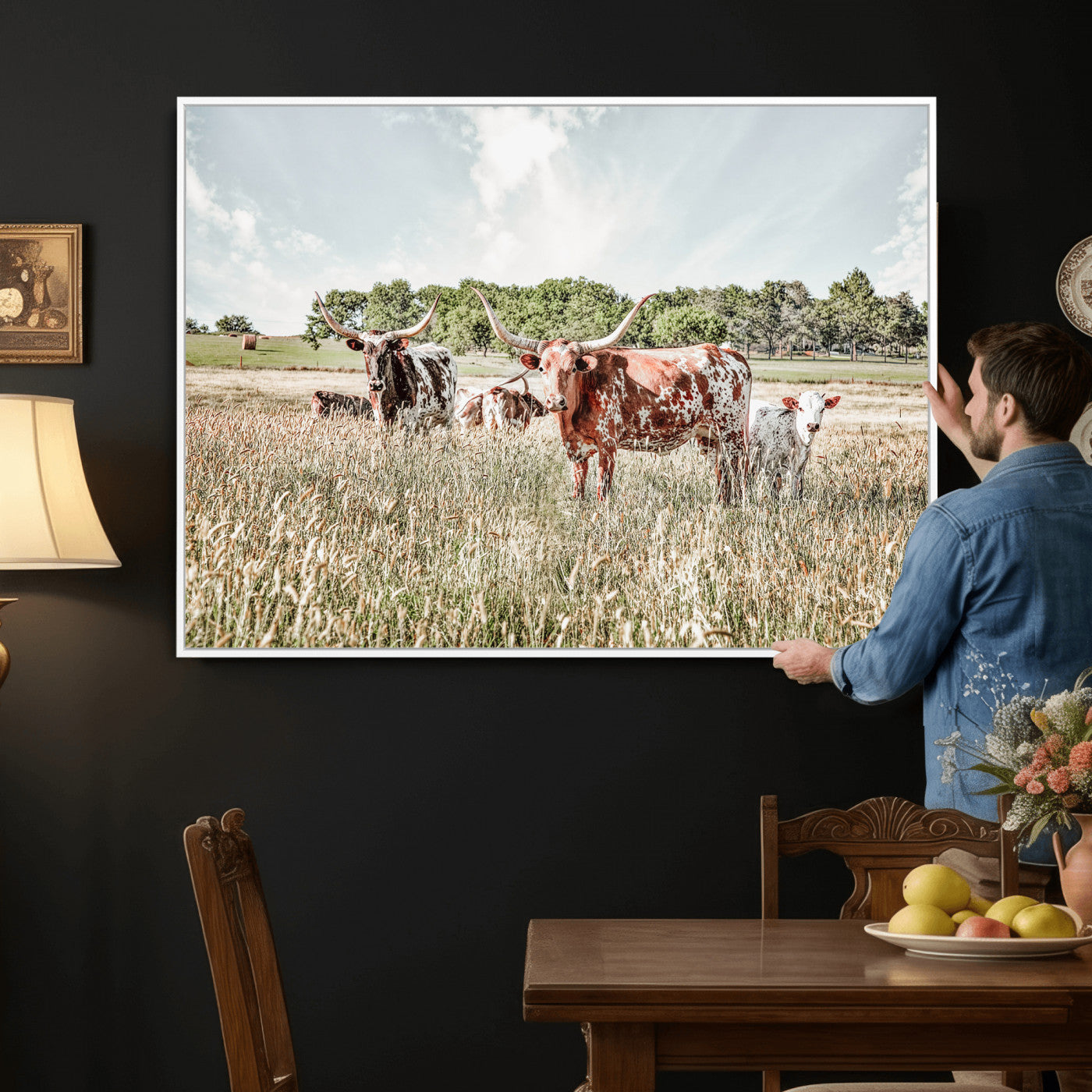 33963645-MGV-CV-36X24 - Texas Longhorn Cattle Wall Art Canvas Print, Western Ranch Landscape Nature Wall Decor for Living Room and Office