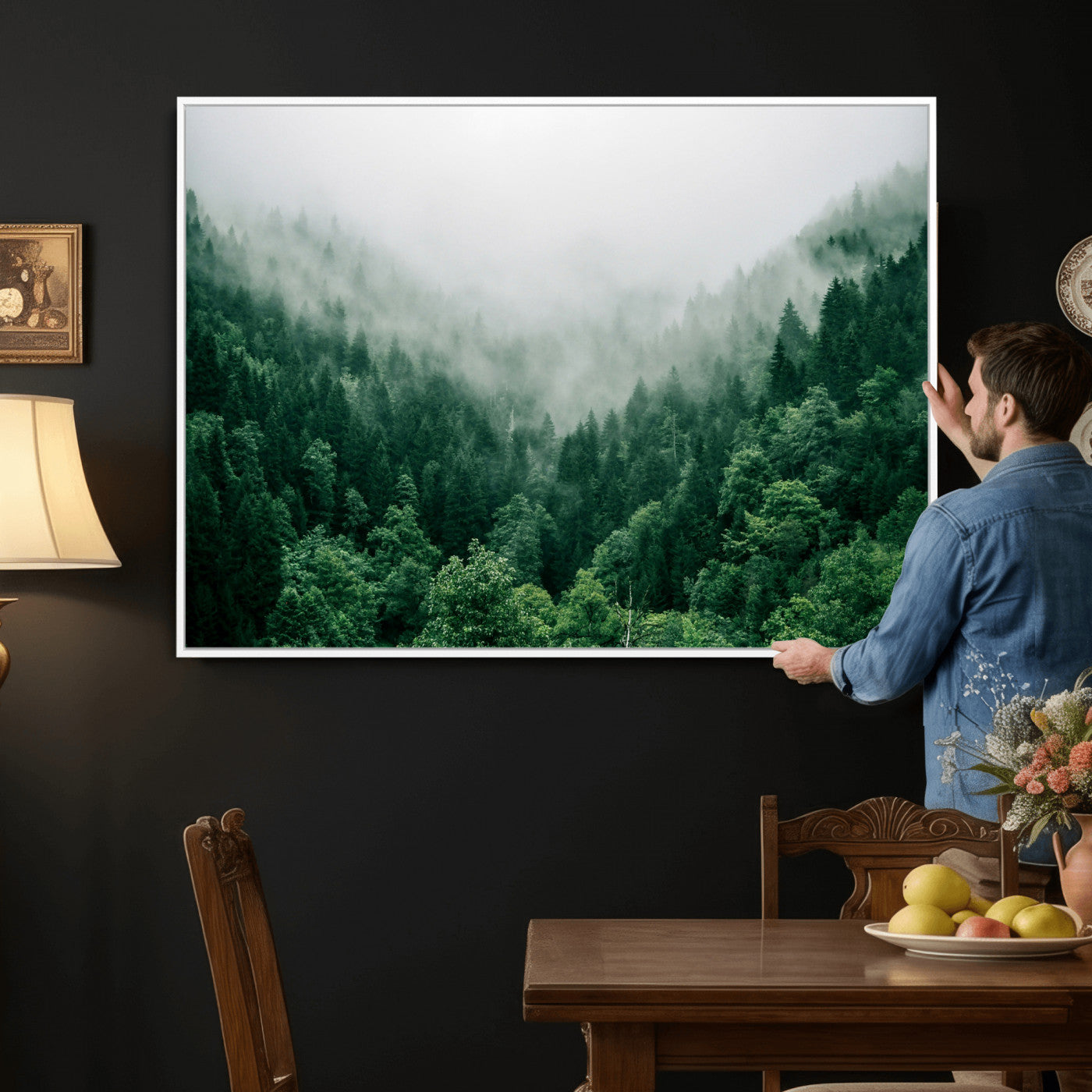61640815-MGV-CV-36X24 - Misty Pine Forest Wall Art Canvas Print, Foggy Evergreen Landscape Wall Decor, Moody Green Nature Artwork, Minimal Forest Canvas Wall Art, Framed Canvas Wall Art Ready to Hang
