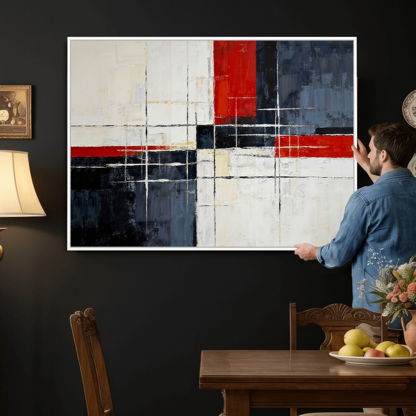 11921181-MGV-CV-36X24 - Navy Red Abstract Wall Art Canvas Print, Modern Luxury Geometric Painting Wall Decor for Living Room and Office