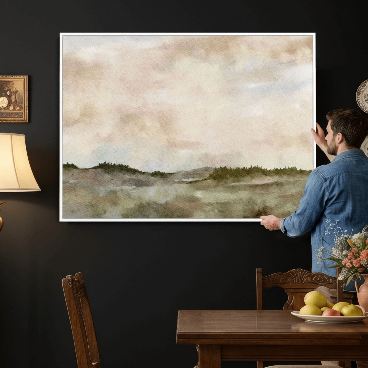 13578069-MGV-CV-36X24 - Abstract Landscape Wall Art Canvas Print, Watercolor Pastoral Landscape Painting Wall Decor for Modern Farmhouse Interiors