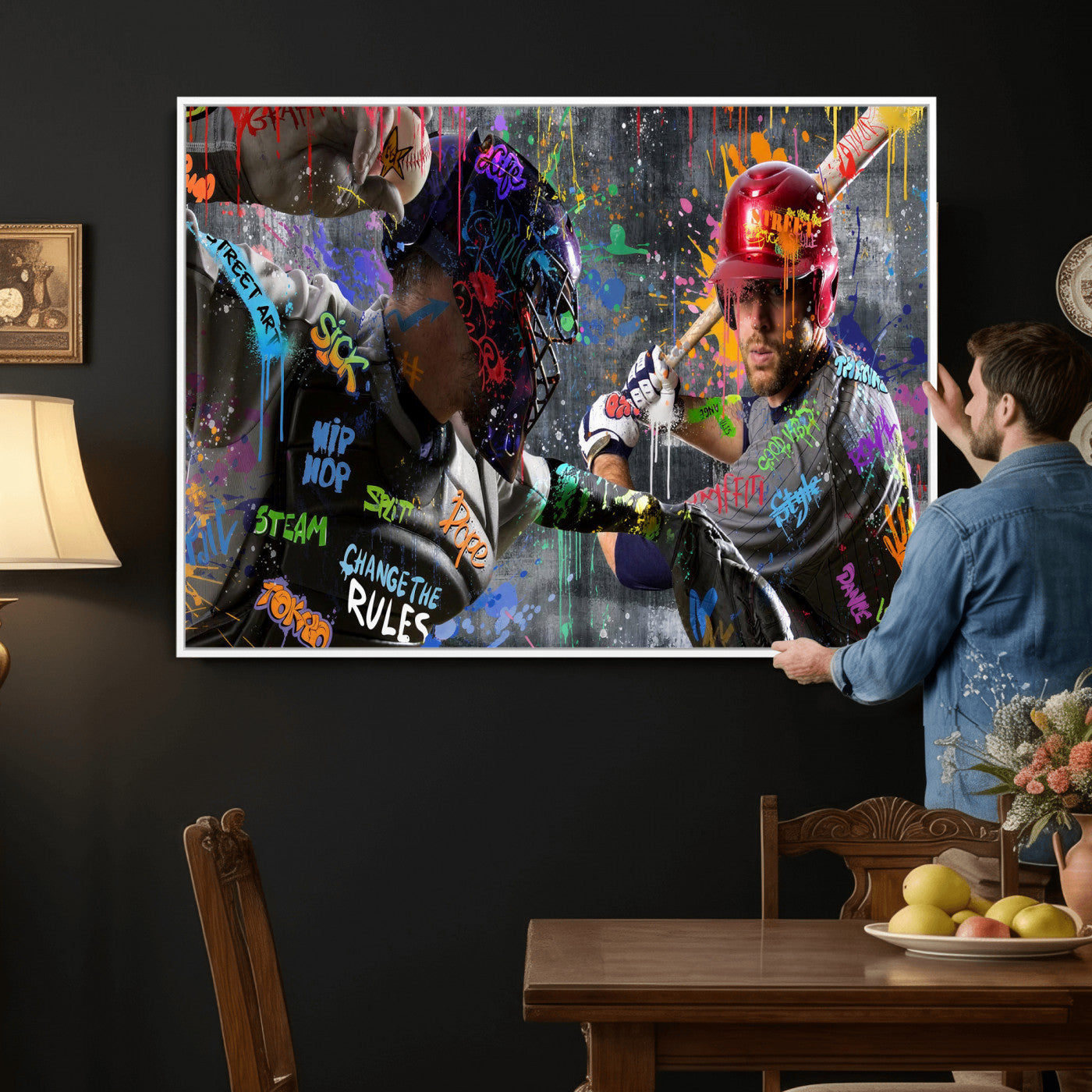 19634994-MGV-CV-36X24 - Graffiti Baseball Player Street Art Wall Art Canvas Print, Urban Sports Pop Art Baseball Canvas Print, Modern Athletic Graffiti Contemporary Art Printing