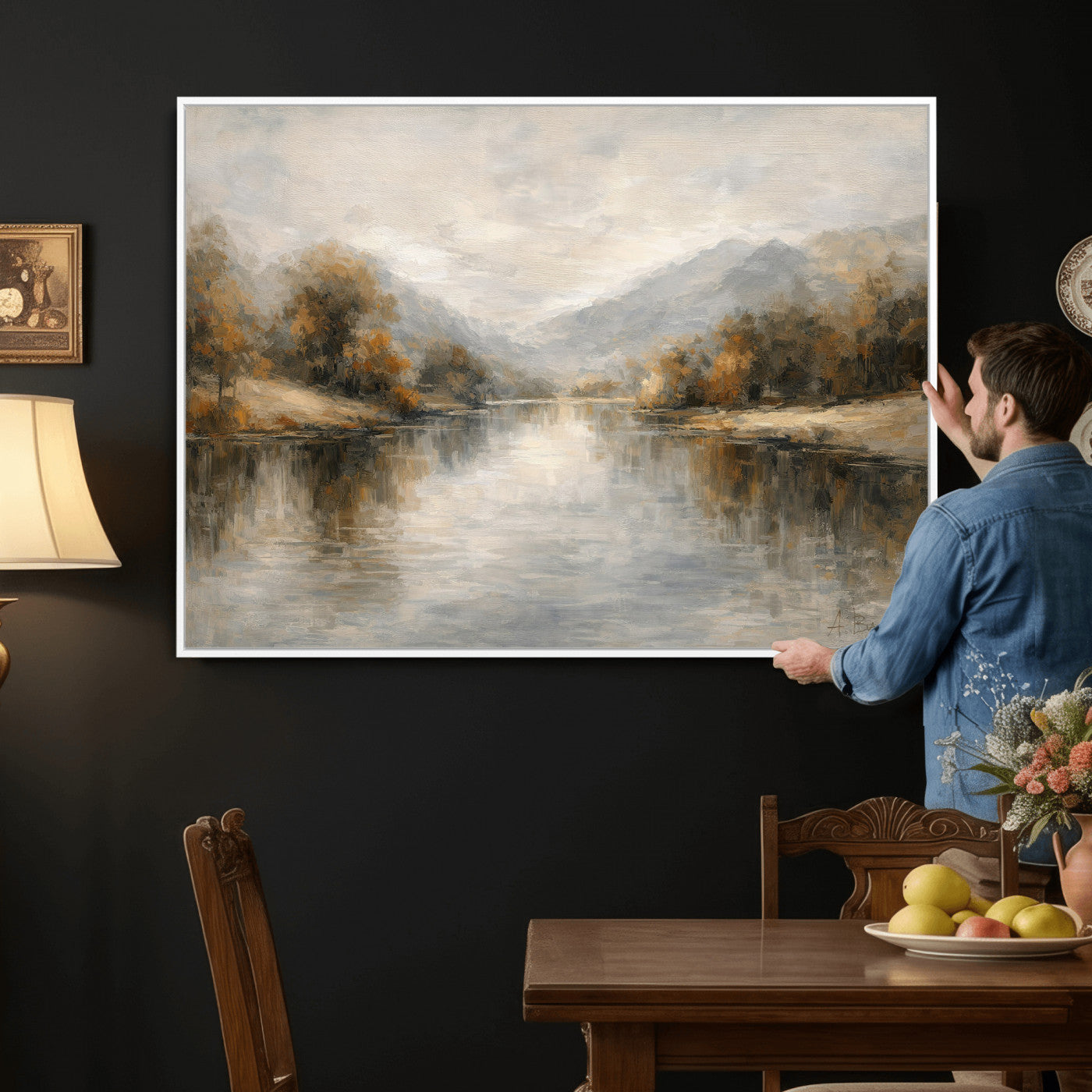 29251761-MGV-CV-36X24 - Neutral Abstract River Landscape Wall Art Canvas Print, Modern Minimal Nature Reflection Canvas Print, Beige Gray Contemporary Mountain Art Printing