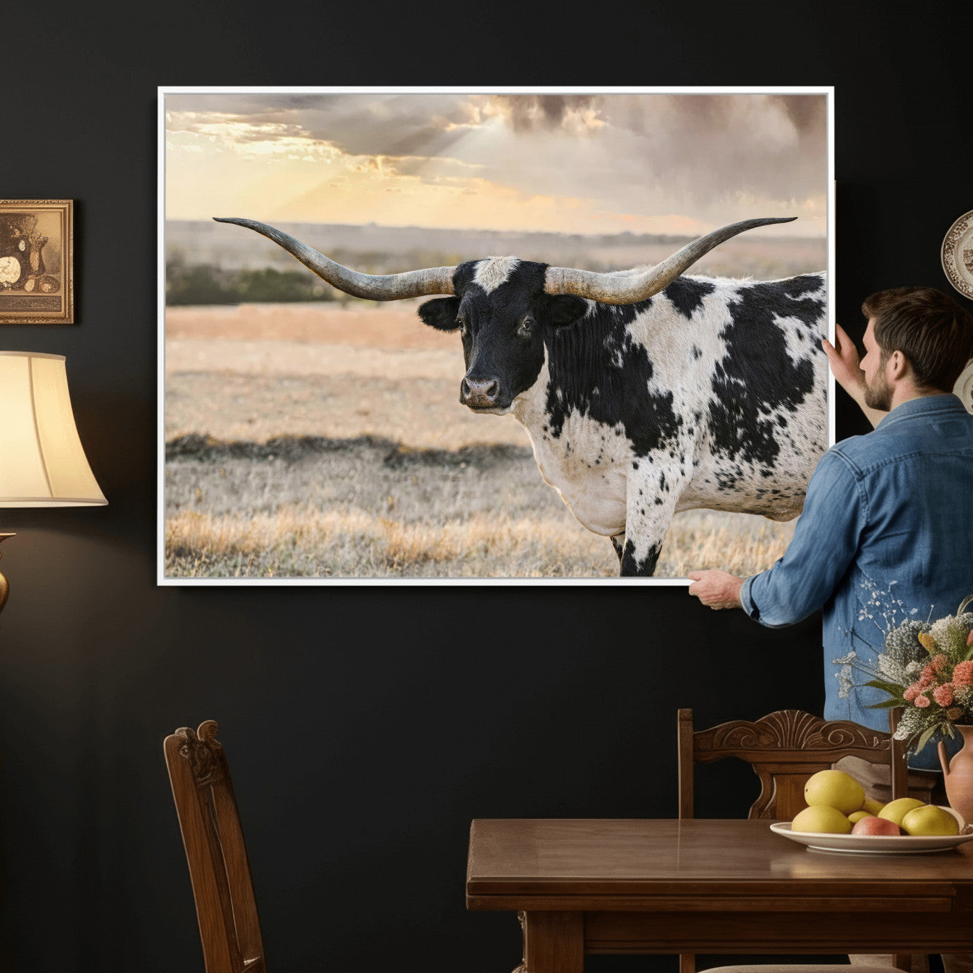 49350433-MGV-CV-36X24 - Texas Longhorn Bull Rustic Wall Art Canvas Print, Western Cattle Photography Canvas Print, Ranch Farm Animal Western Art Printing