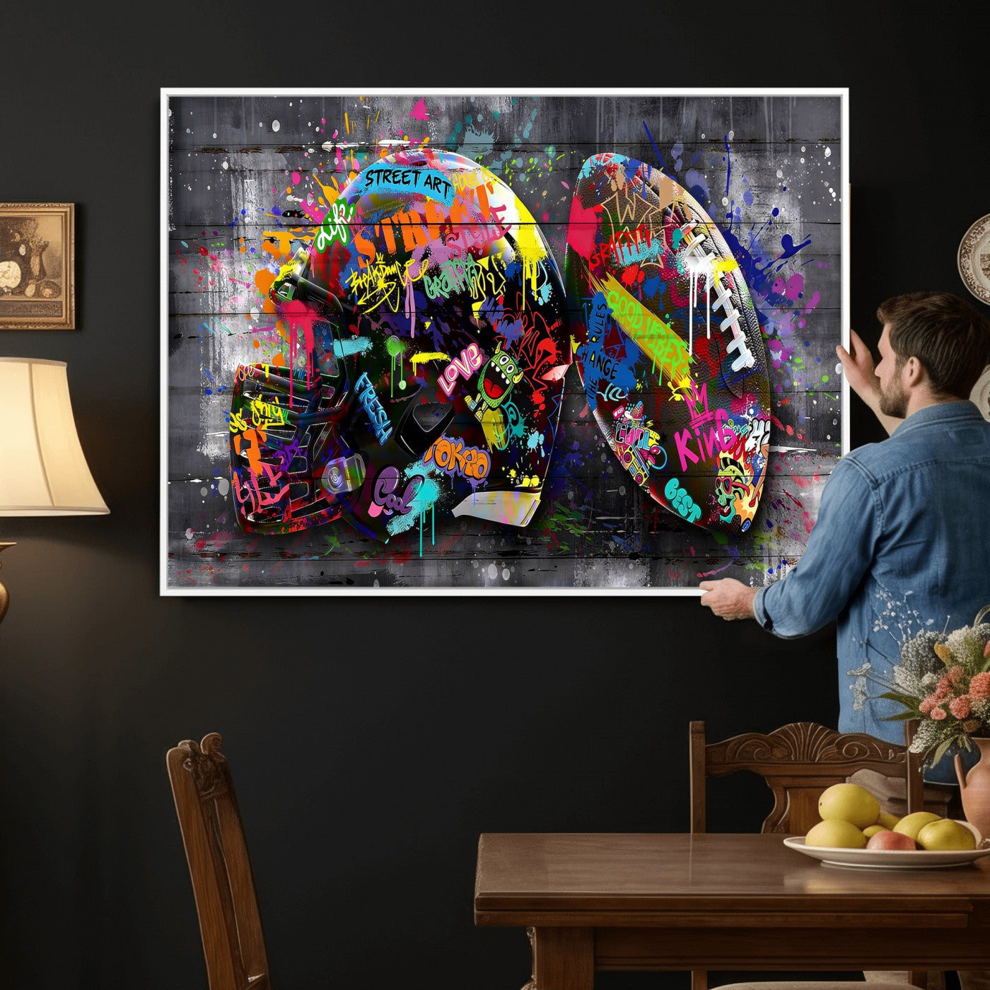 80540773-MGV-CV-36X24 - Graffiti American Football Helmet Street Art Wall Art Canvas Print, Urban Sports Pop Art Football Canvas Print, Colorful Graffiti Sports Contemporary Art Printing