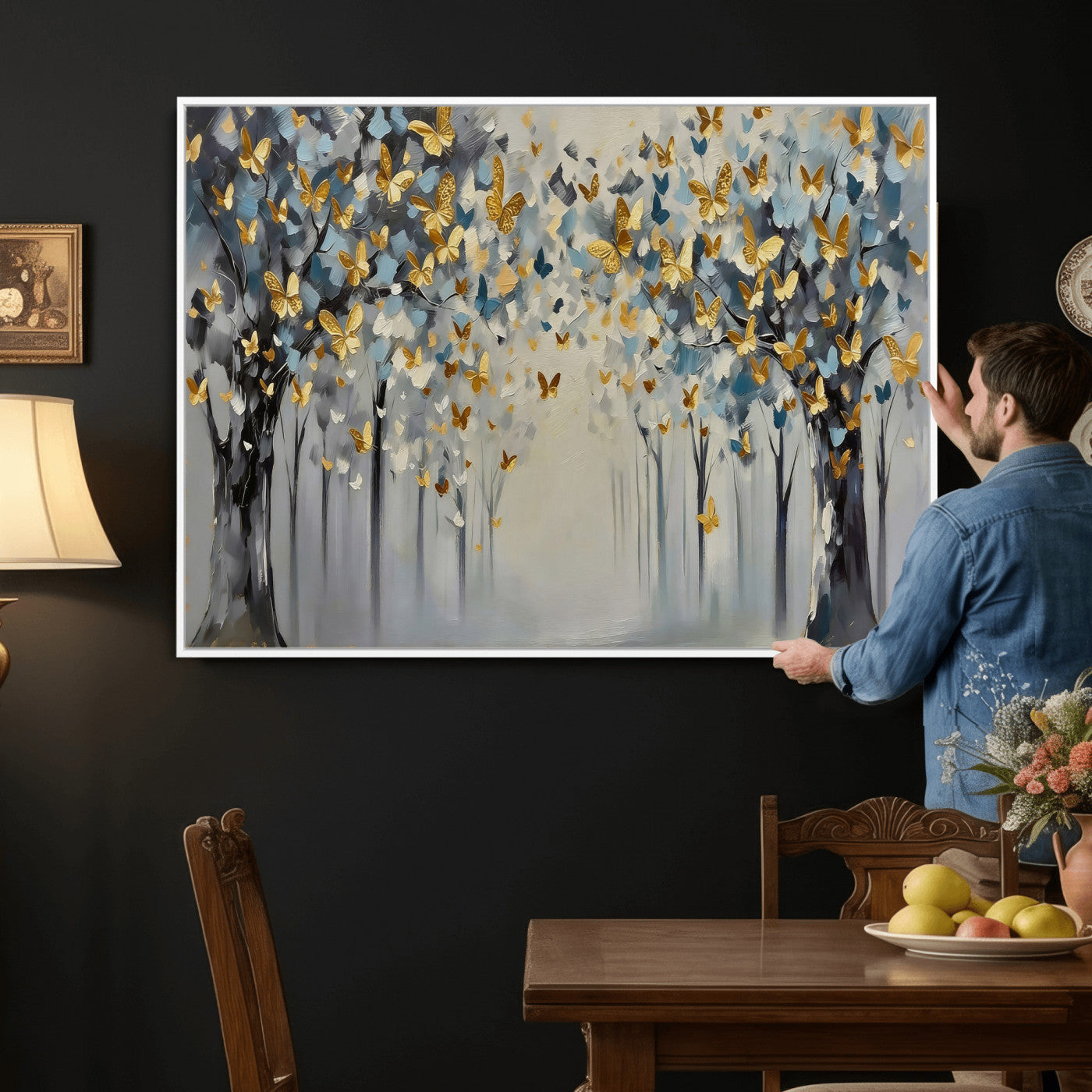 79208191-MGV-CV-36X24 - Golden Butterfly Tree Abstract Wall Art Canvas Print, Modern Elegant Nature Painting Canvas Print, Blue Gold Contemporary Floral Art Printing