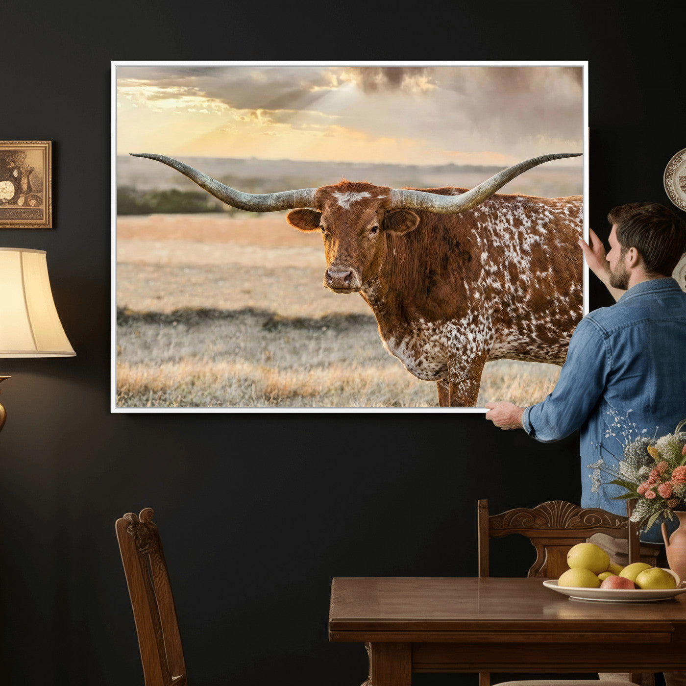 16502384-MGV-CV-36X24 - Texas Longhorn Wall Art Canvas Print, Western Ranch Bull Photography Canvas Print, Rustic Farmhouse Cattle Artwork for Living Room Decor