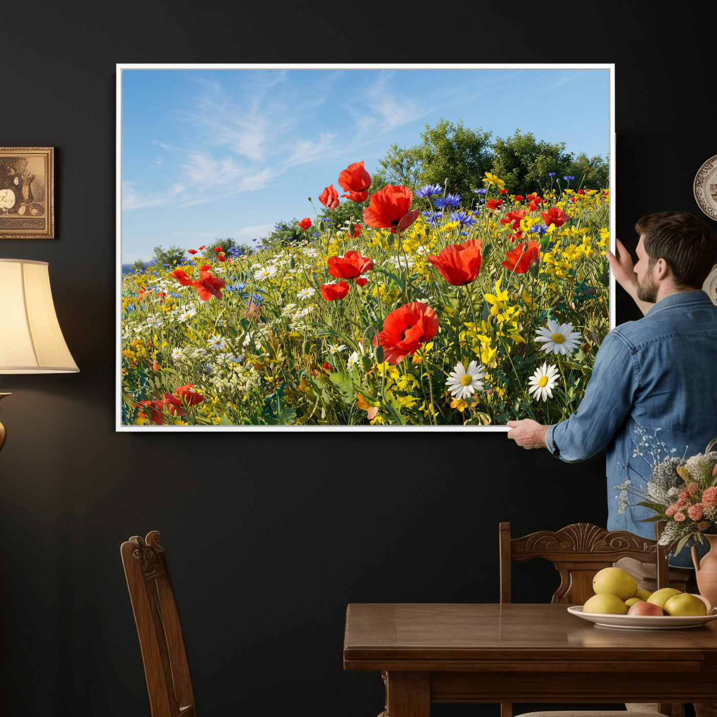 38570784-MGV-CV-36X24 - Wildflower Meadow Wall Art Canvas Print – Colorful Poppy and Daisy Field Landscape Artwork for Living Room Decor