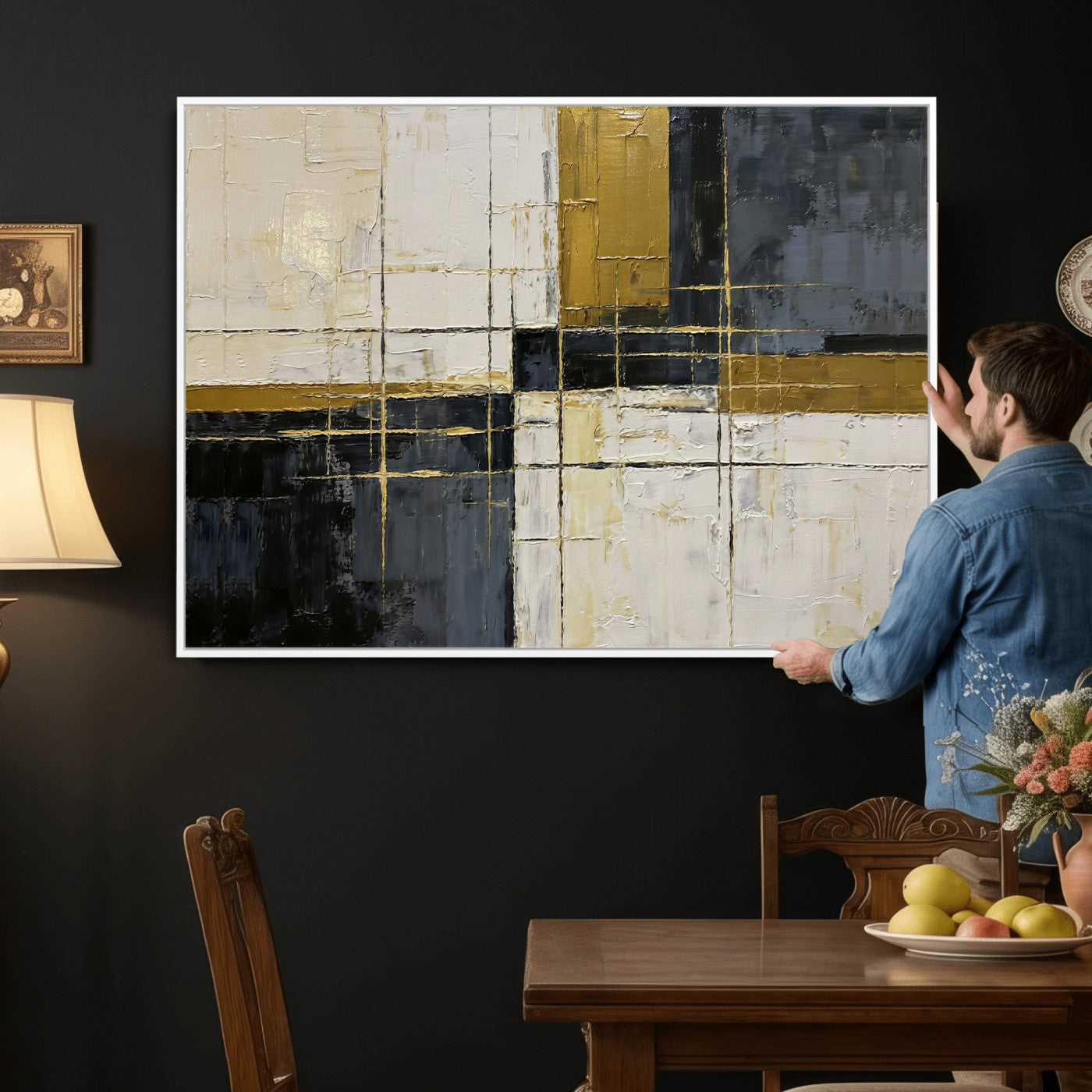 36097945-MGV-CV-36X24 - Abstract Gold and Black Wall Art Canvas Print – Modern Geometric Neutral Artwork for Living Room Decor