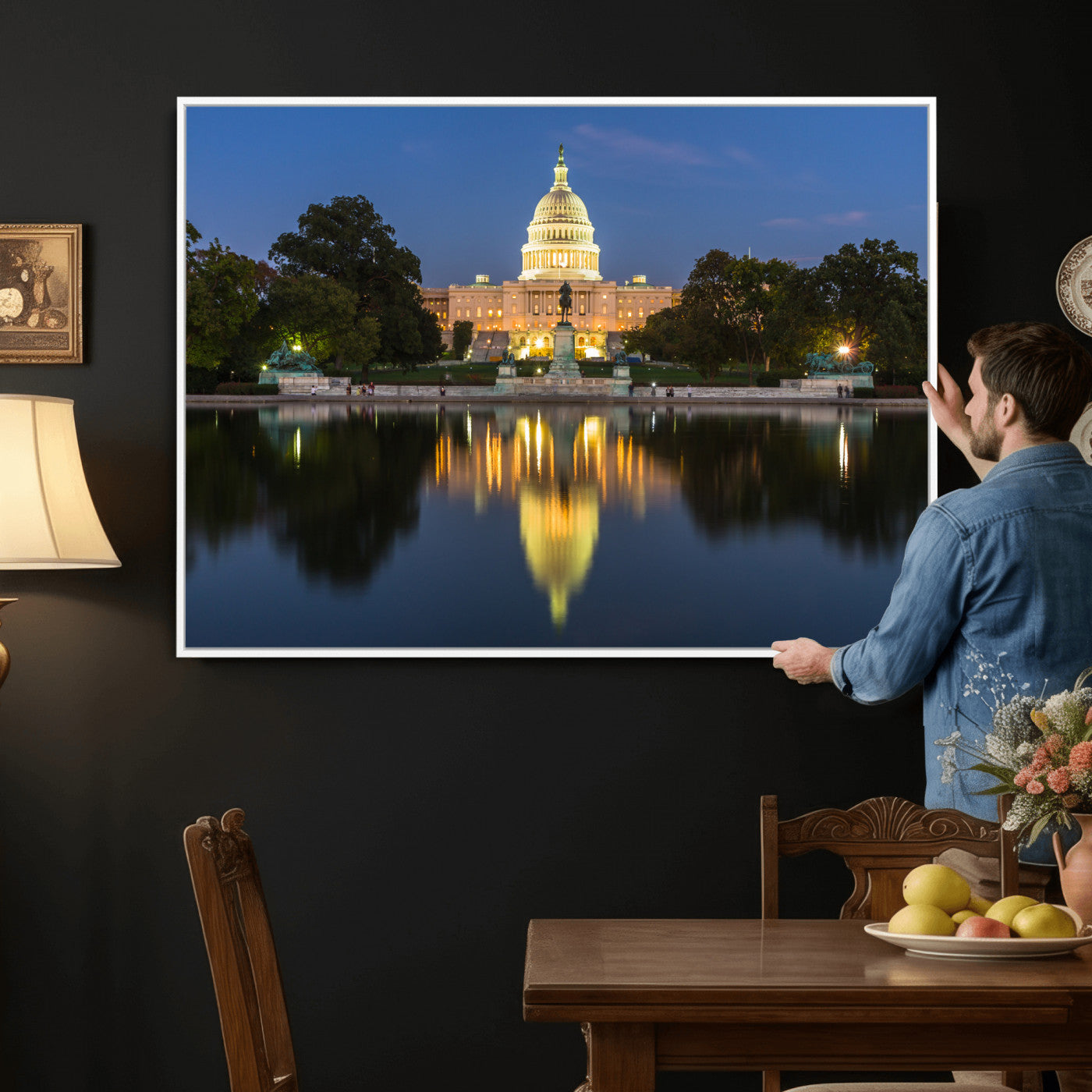 95568590-MGV-CV-36X24 - US Capitol Building Wall Art Canvas Print – Washington DC Landmark Night Reflection Artwork for Office Decor
