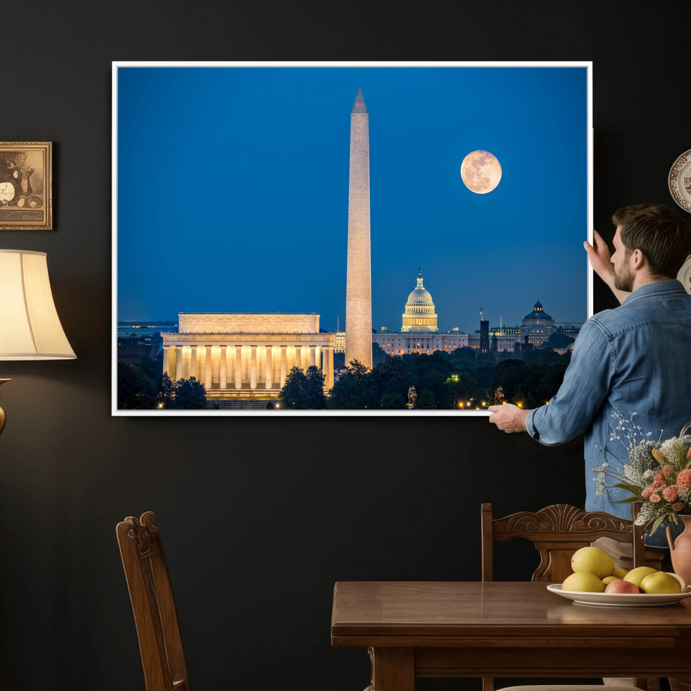 96712946-MGV-CV-36X24 - Washington DC Skyline Wall Art Canvas Print – Lincoln Memorial, Washington Monument and US Capitol Night Cityscape Artwork