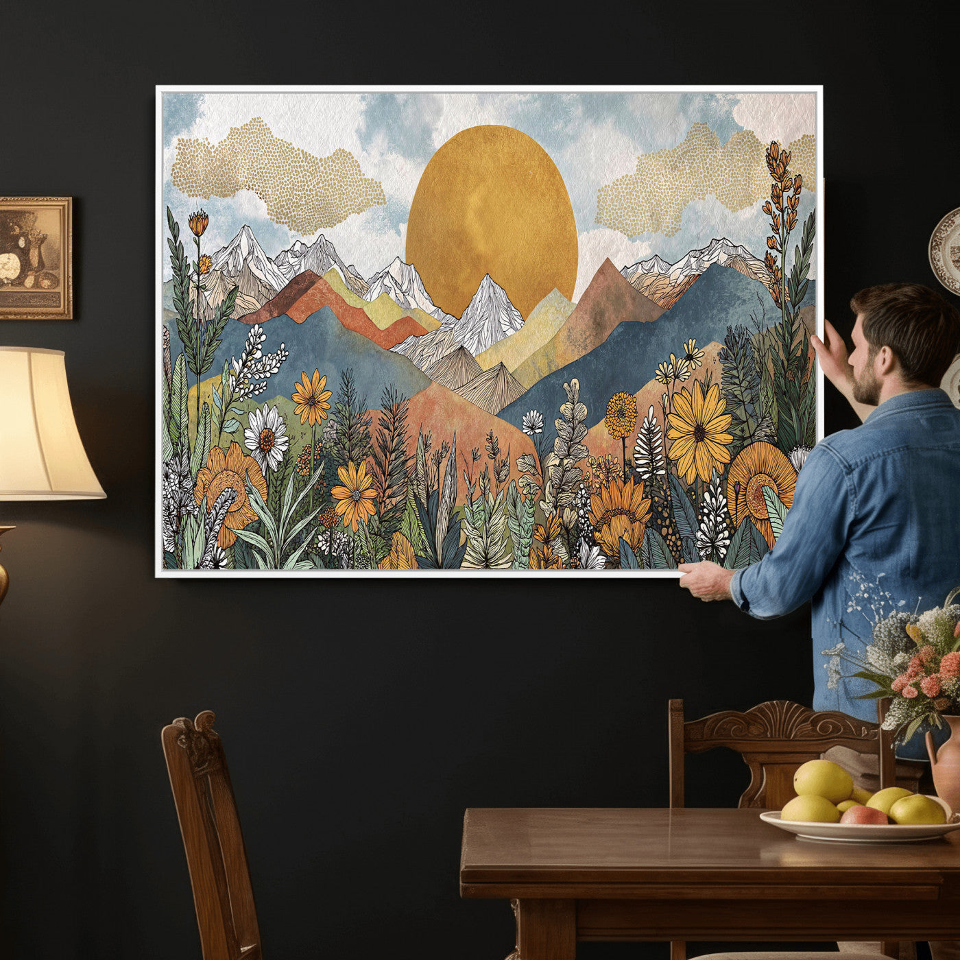 17540863-MGV-CV-36X24 - Boho Mountain Landscape Large Wall Art, Horizontal Gold Framed Canvas Print with Sun and Flowers