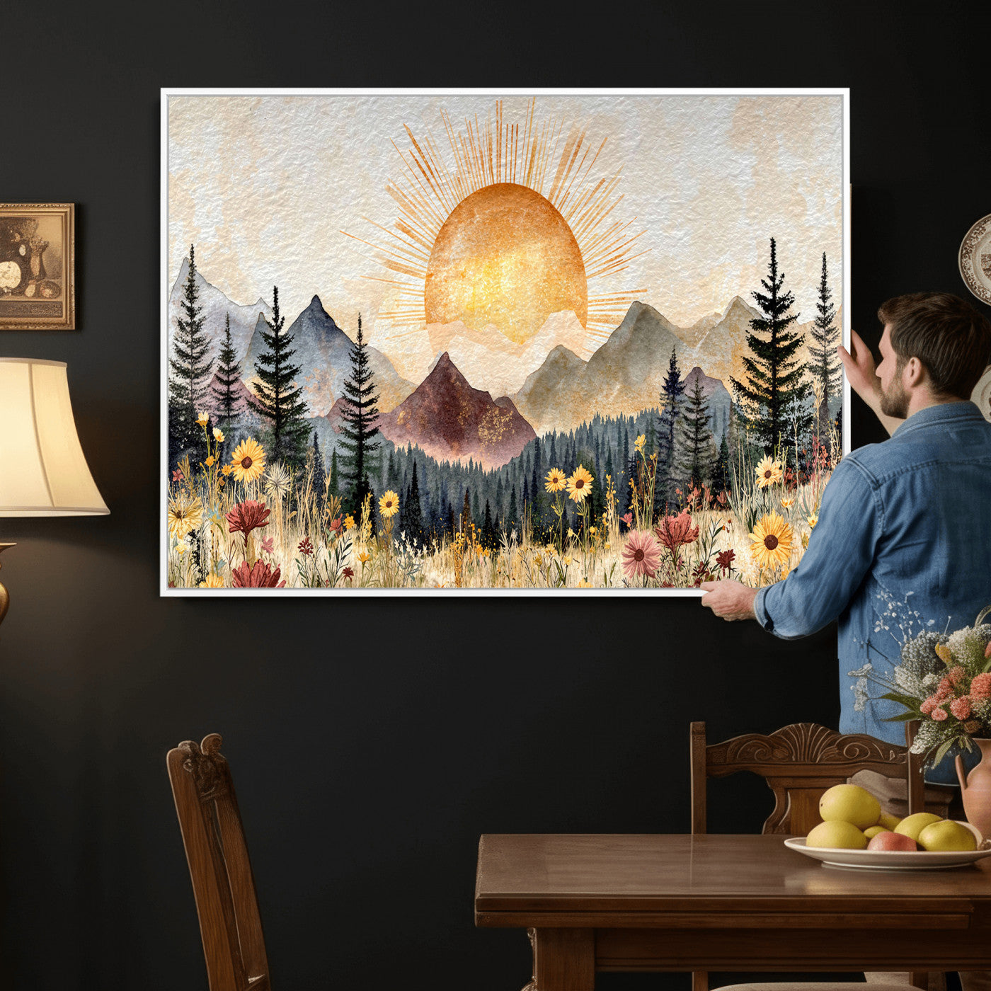 69025244-MGV-CV-36X24 - Boho Mountain Landscape Large Wall Art, Horizontal Gold Framed Canvas Print with Sun and Flowers