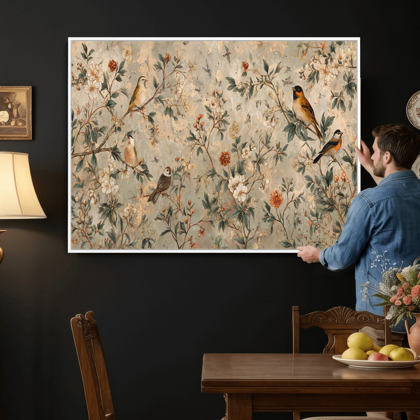 76588438-MGV-CV-36X24 - Vintage Birds and Flowers Wall Art Canvas Print, Botanical Bird Painting Canvas Print, Floral Garden Bird Artwork Canvas Print, Classic Bird Flower Painting Canvas Print
