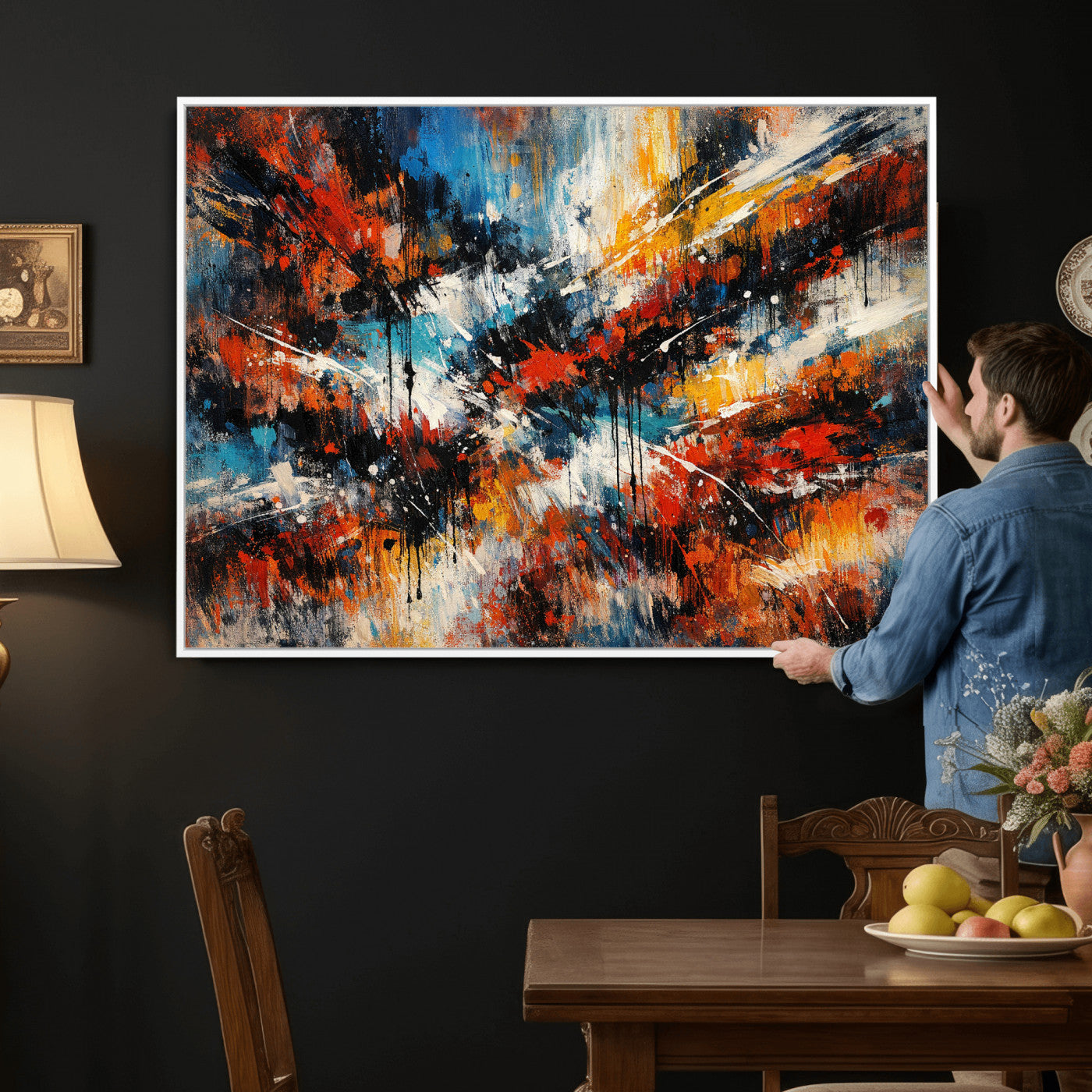 80276069-MGV-CV-36X24 - Geometric Abstract Wall Art Canvas Print, Orange Blue Abstract Expressionist Painting Print, Modern Geometric Abstract Canvas Art