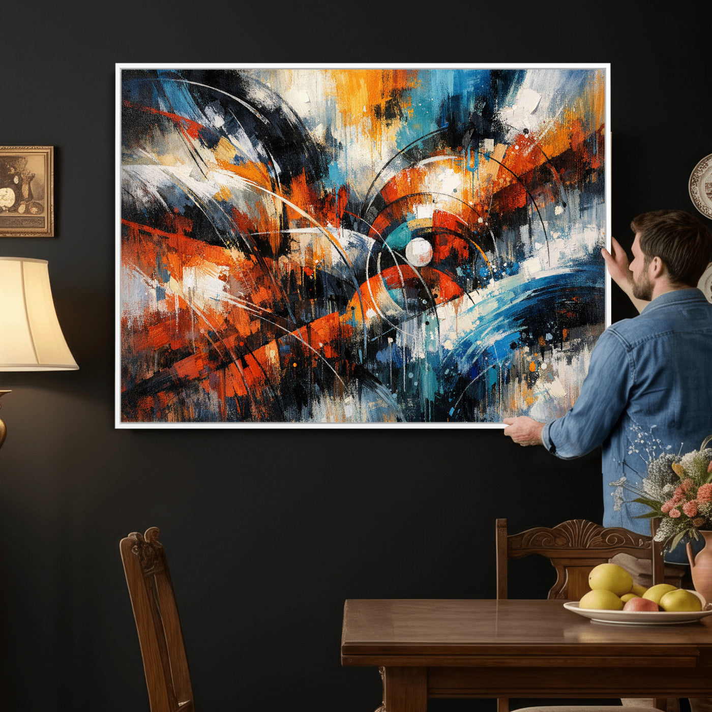 47120691-MGV-CV-36X24 - Geometric Abstract Wall Art Canvas Print, Orange Blue Abstract Expressionist Painting Print, Modern Geometric Abstract Canvas Art