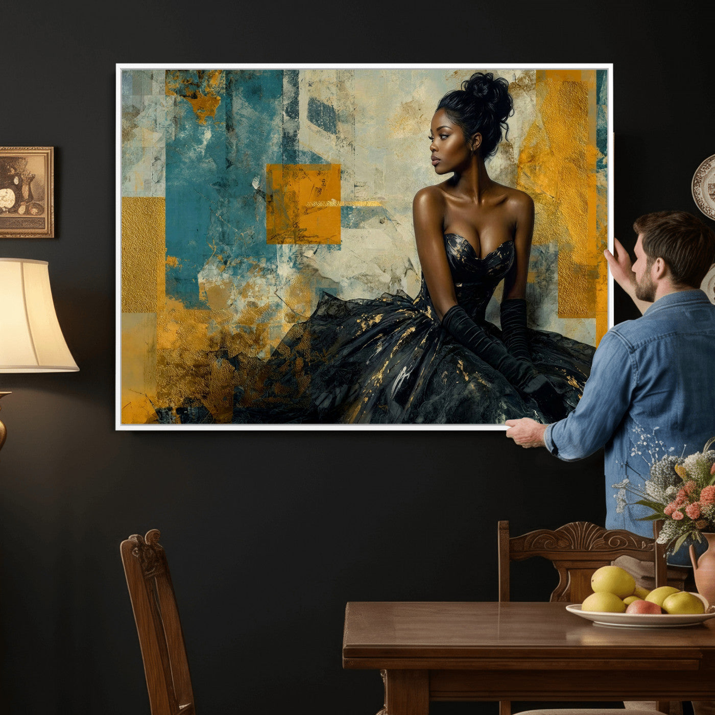 4712069Z21-MGV-CV-36X24 - Elegant Woman Canvas Wall Art — Black Gold Gown Fashion Print | Luxury Glam Wall Decor | African American Art | Bold Bedroom Wall Art Gift