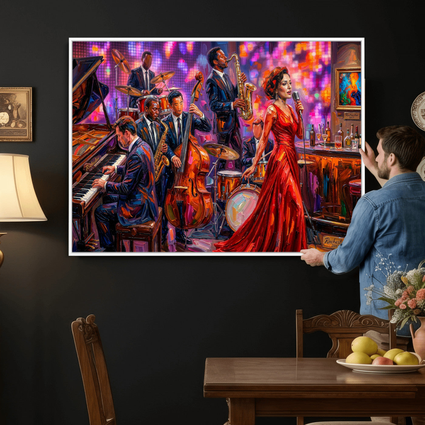 620930J20-MGV-CV-36X24 - Jazz Band Canvas Wall Art — Jazz Club Singer Saxophone Print | Music Wall Decor | Bar Restaurant Art | Music Lover Gift | Jazz Home Decor