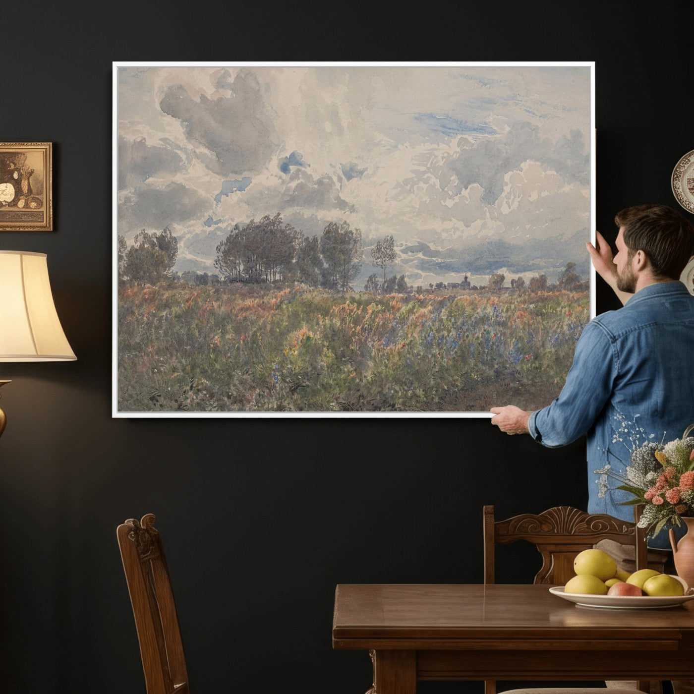 76626885-MGV-CV-36X24 - Vintage Watercolor Meadow Canvas Wall Art — English Pastoral Wildflower Storm Sky Print | Cottagecore Nature Decor | Classic Landscape Gift