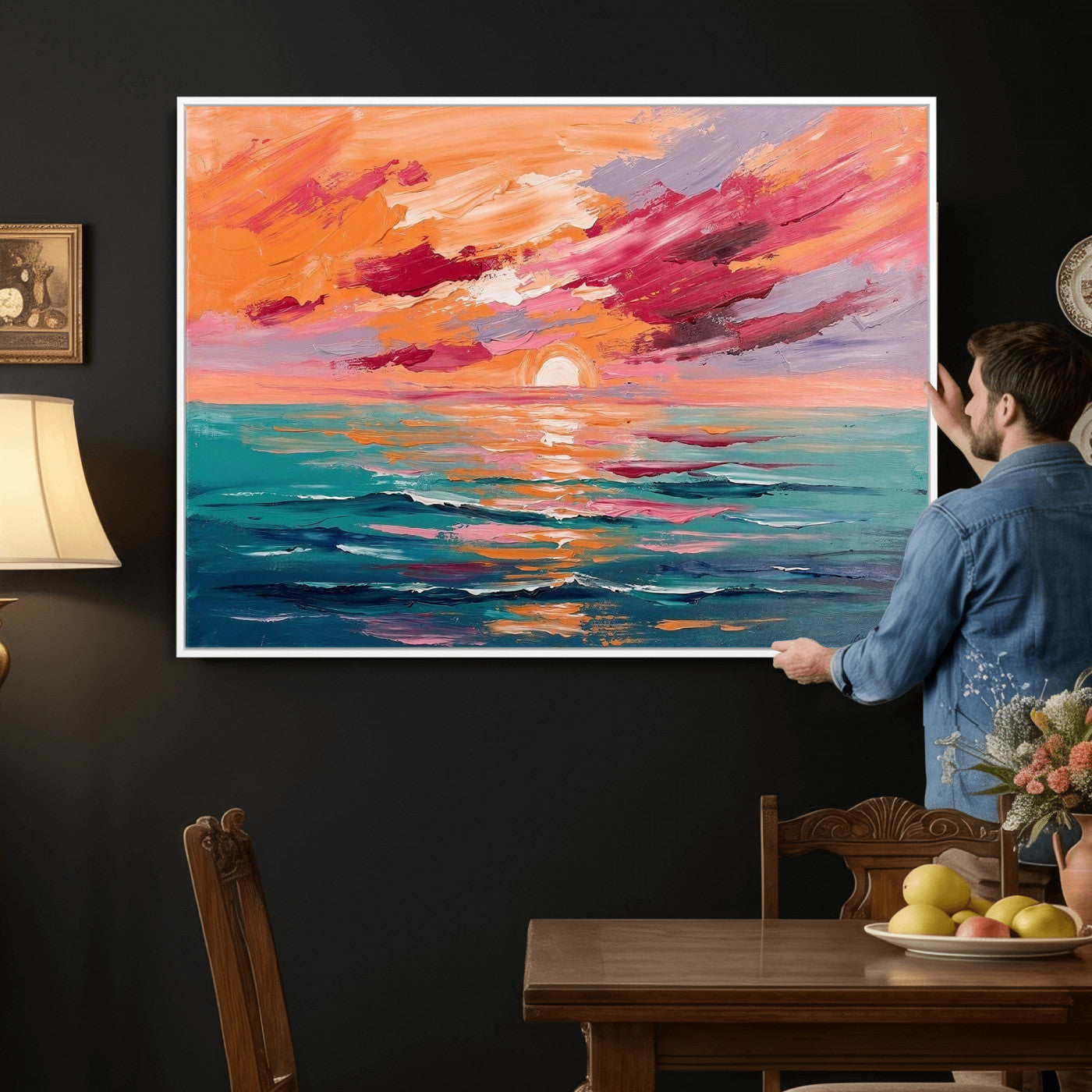 26763902-MGV-CV-36X24 - Bold Palette Knife Ocean Sunset Canvas — Orange Pink Teal Expressionist Sea Print | Colorful Coastal Wall Art | Vibrant Beach Decor Gift