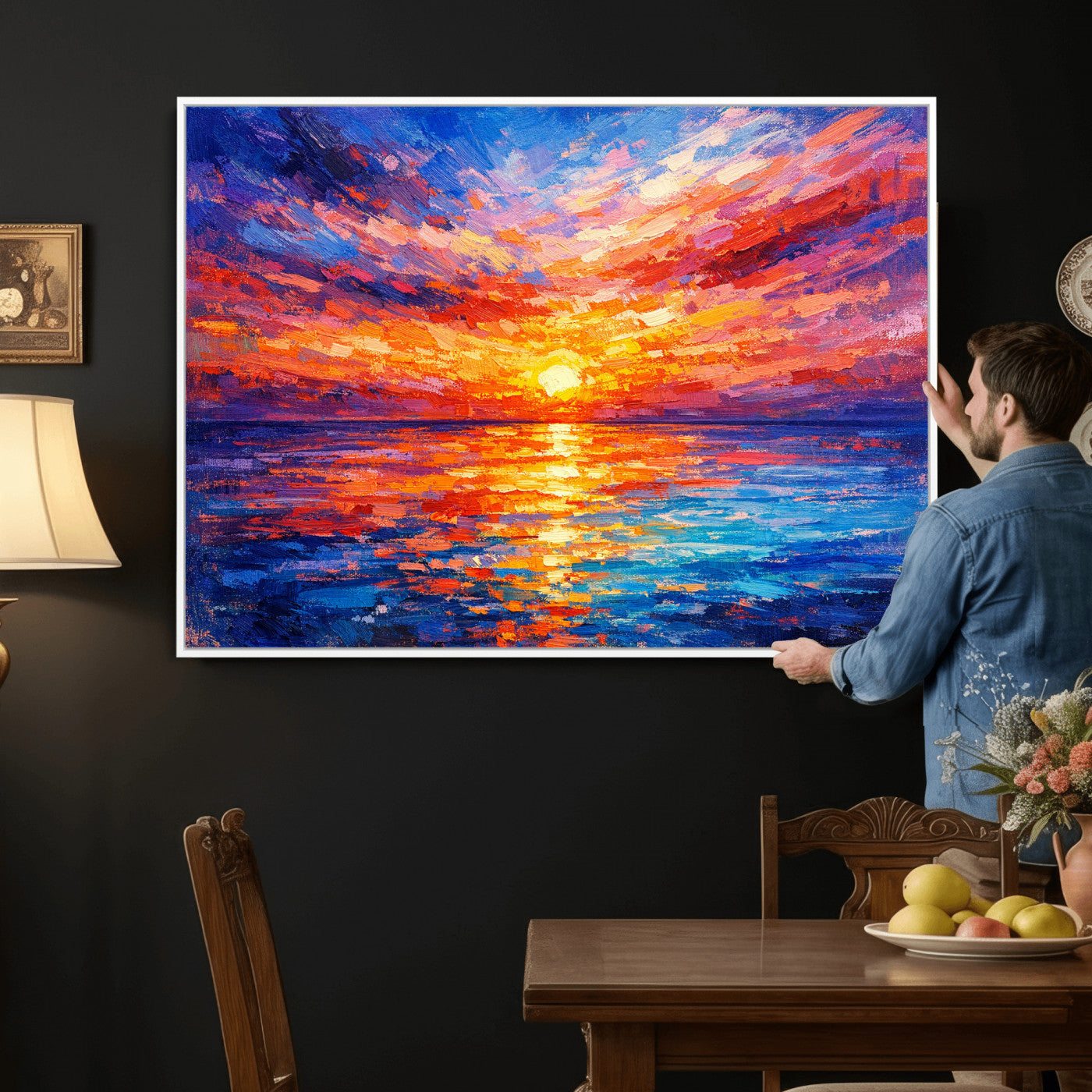 54915078-MGV-CV-36X24 - Colorful Knife Ocean Sunset Canvas — Orange Pink Teal Expressionist Sea Print | Colorful Coastal Wall Art | Vibrant Beach Decor Gift