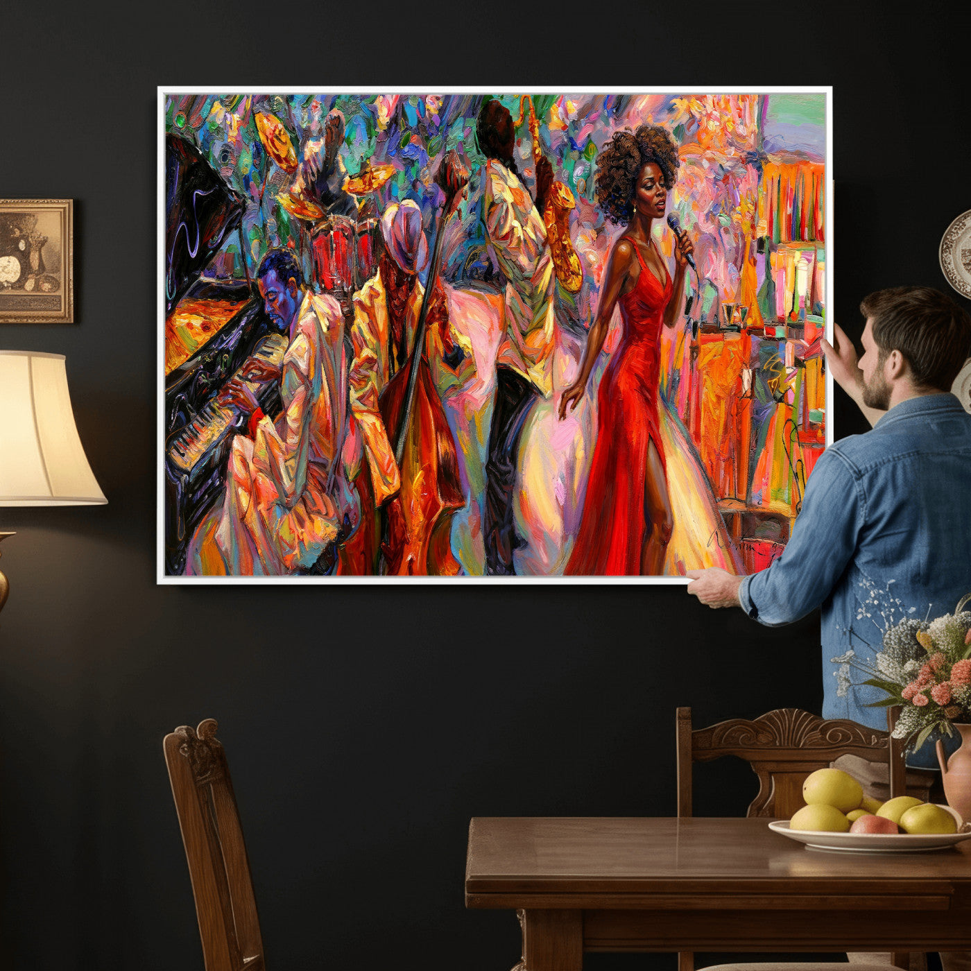 72615137-MGV-CV-36X24 - African American Jazz Singer Canvas Art - Red Dress Black Woman Music Print | Colorful Jazz Band Wall Decor | Living Room Gift for Her