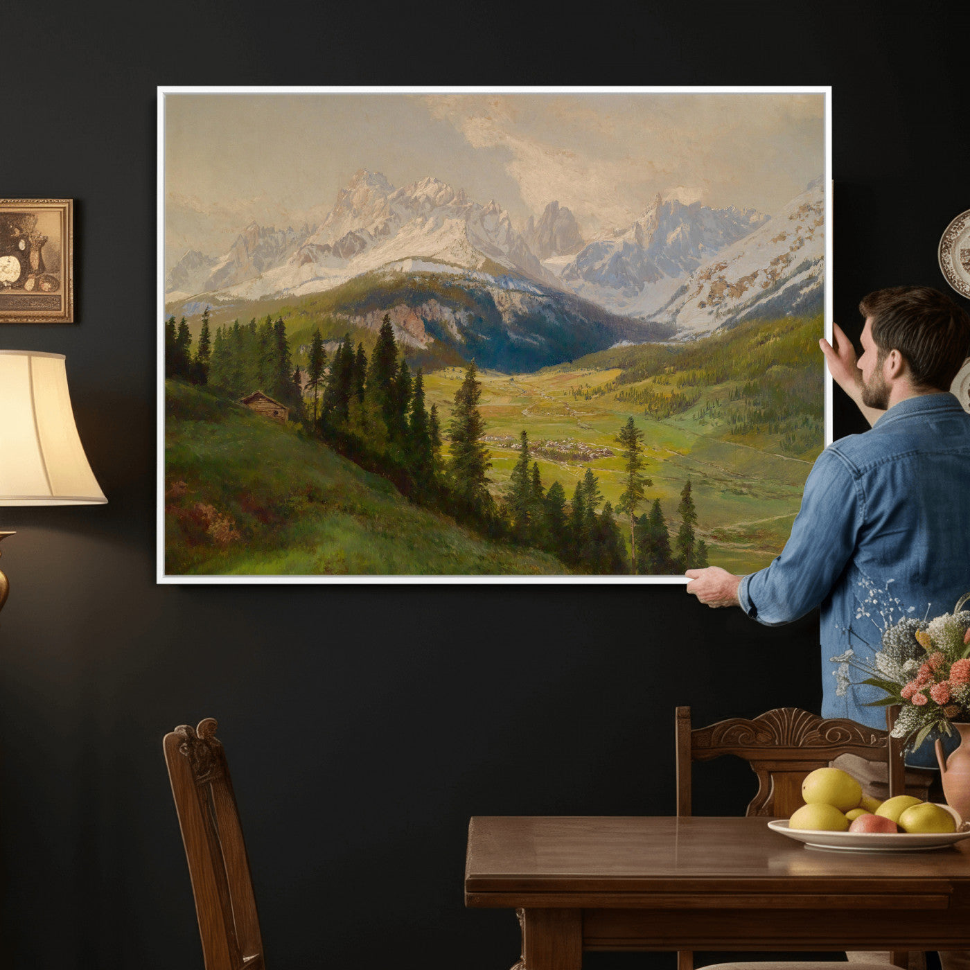 23120262-MGV-CV-36X24 - Konrad Petrides Sexten Village Canvas Print, Alpine Mountain Valley Painting, Dolomites Landscape Art
