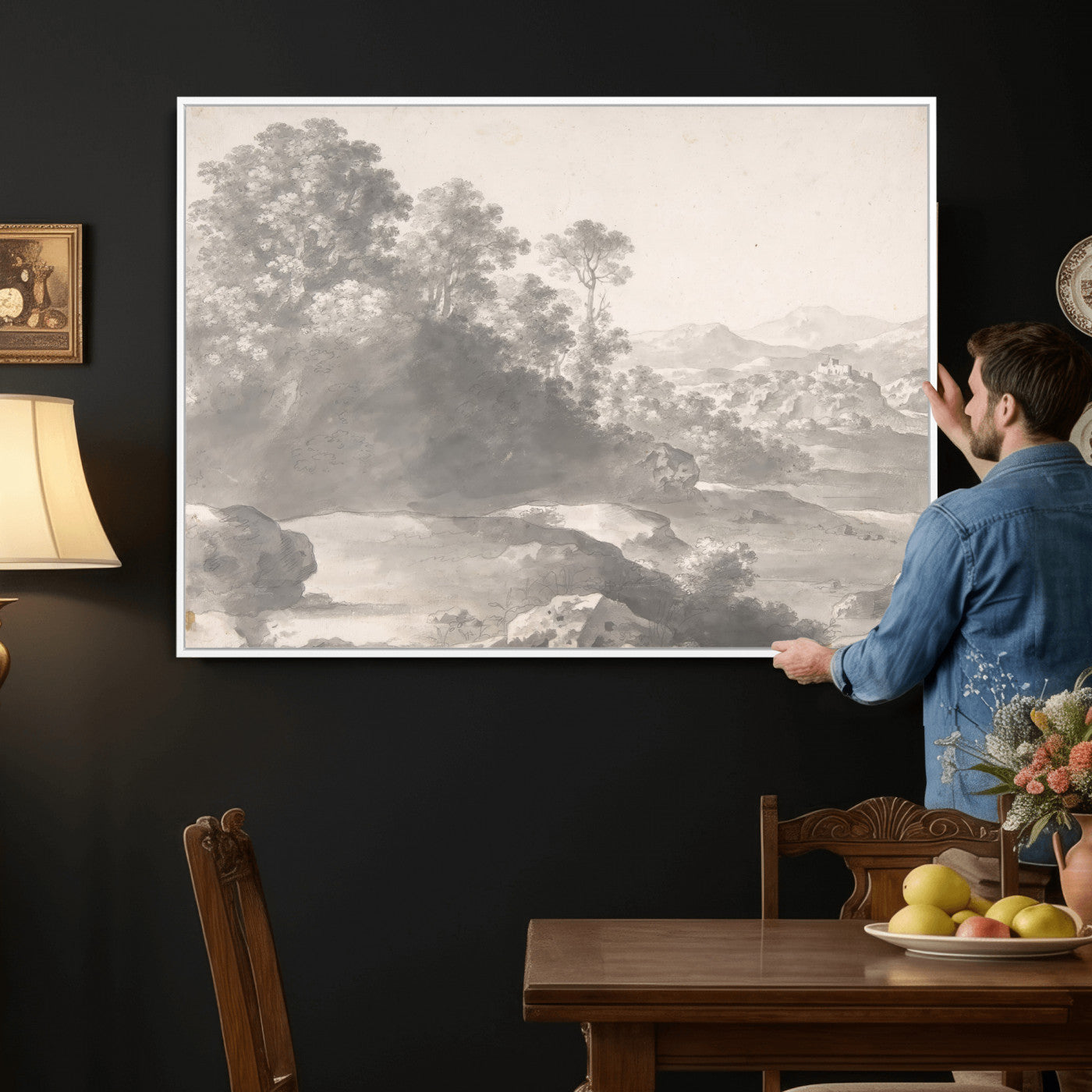 33041209-MGV-CV-36X24 - Van Poelenburch Landscape Canvas Wall Art — Dutch Golden Age Gray Wash Drawing Print | Baroque Italianate Nature Decor | Old Master Classic Gift