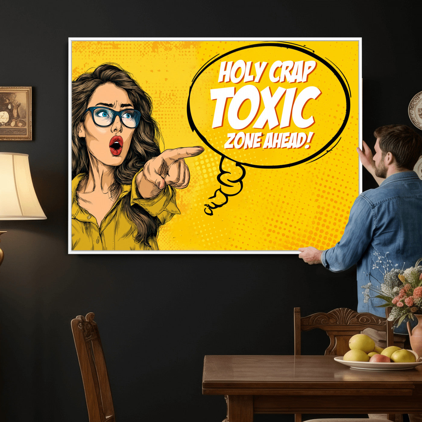 79751885-MGV-CV-36X24 - Pop Art Print Bathroom Sign Wall Art Canvas Print — Funny Bathroom Canvas | Comic Style Toilet Wall Decor | Humor Gift | Yellow Bold Bathroom Art