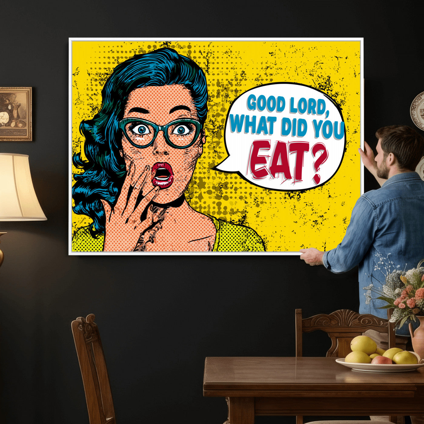 88217969-MGV-CV-36X24 - Pop Art Print Bathroom Sign Wall Art Canvas Print — Funny Bathroom Canvas | Comic Style Toilet Wall Decor | Humor Gift | Yellow Bold Bathroom Art
