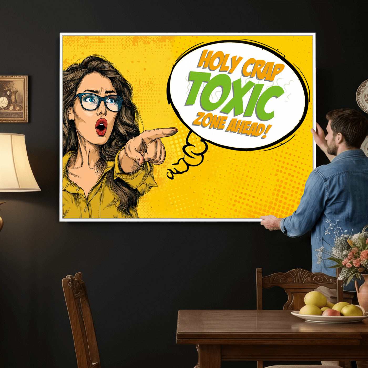 79156505-MGV-CV-36X24 - Pop Art Print Bathroom Sign Wall Art Canvas Print — Funny Bathroom Canvas | Comic Style Toilet Wall Decor | Humor Gift | Yellow Bold Bathroom Art