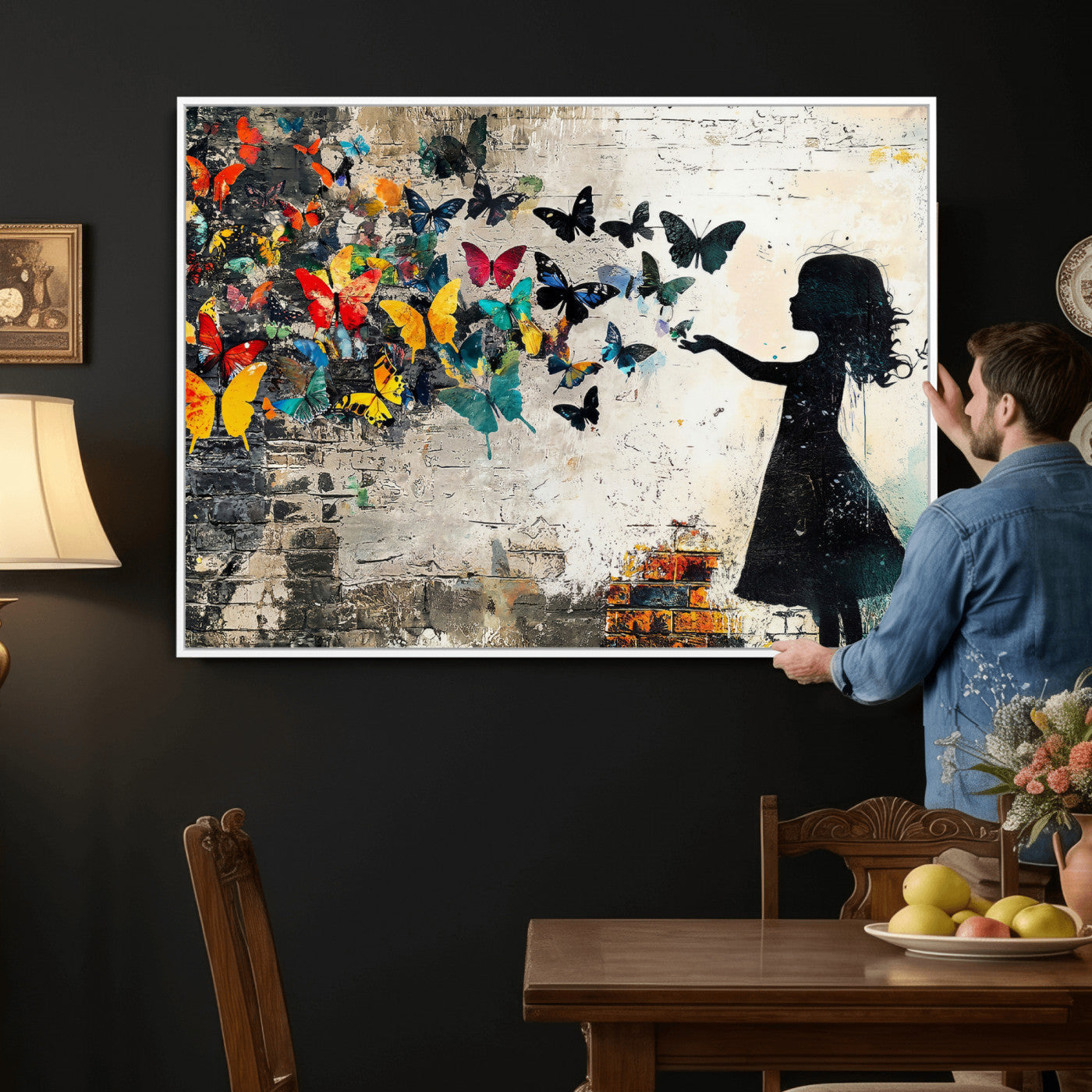 33909022-MGV-CV-36X24 - Banksy Butterfly Girl Wall Art Canvas Print, Framed Street Art Silhouette Graffiti Artwork, Colorful Butterfly Wall Decor for Living Room Bedroom Office