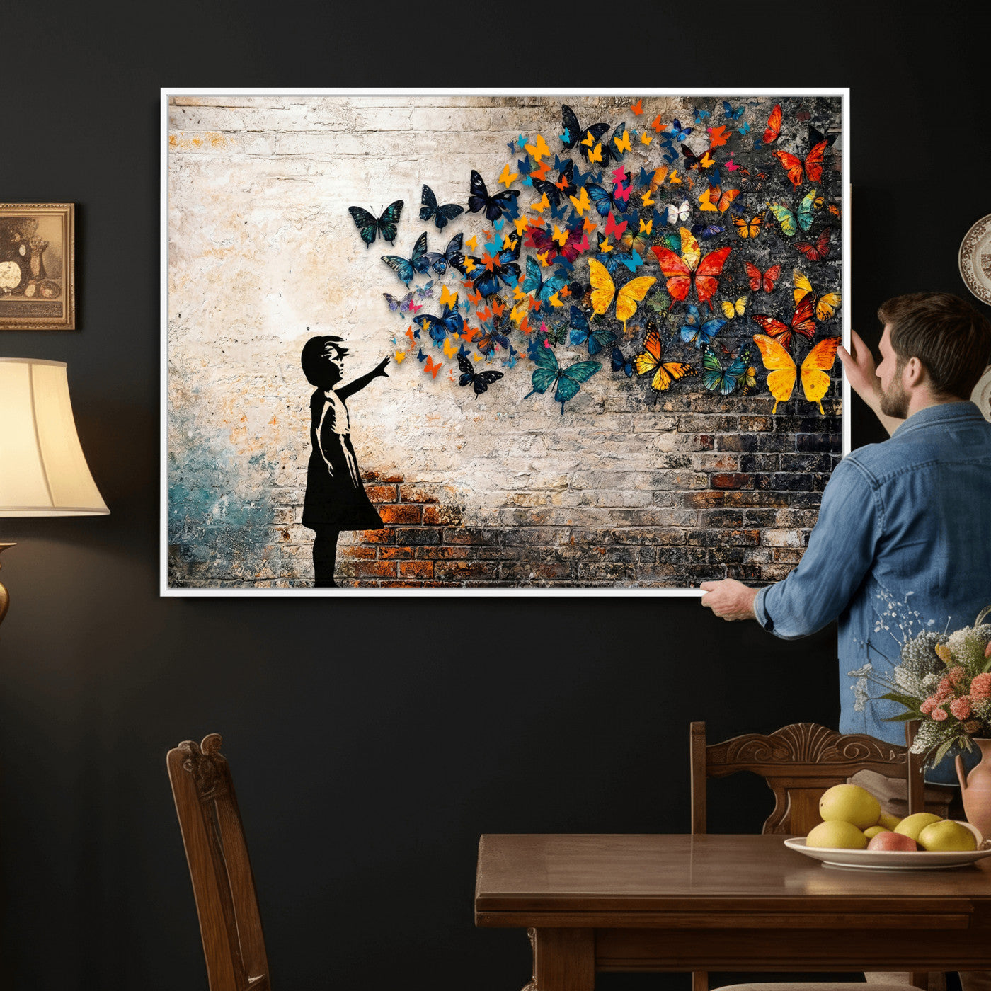78760384-MGV-CV-36X24 - Banksy Graffiti Butterfly Girl Wall Art Canvas Print, Framed Street Art Canvas Print, Silhouette Butterfly Wall Art for Living Room Bedroom Office